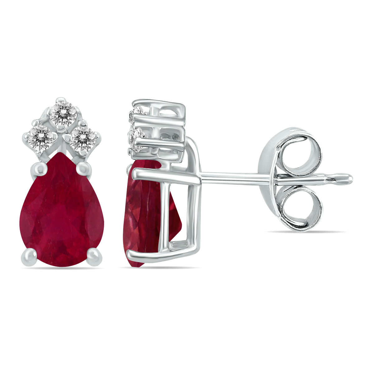 14K White Gold 6x4MM Pear Ruby and Three Stone Diamond Earrings