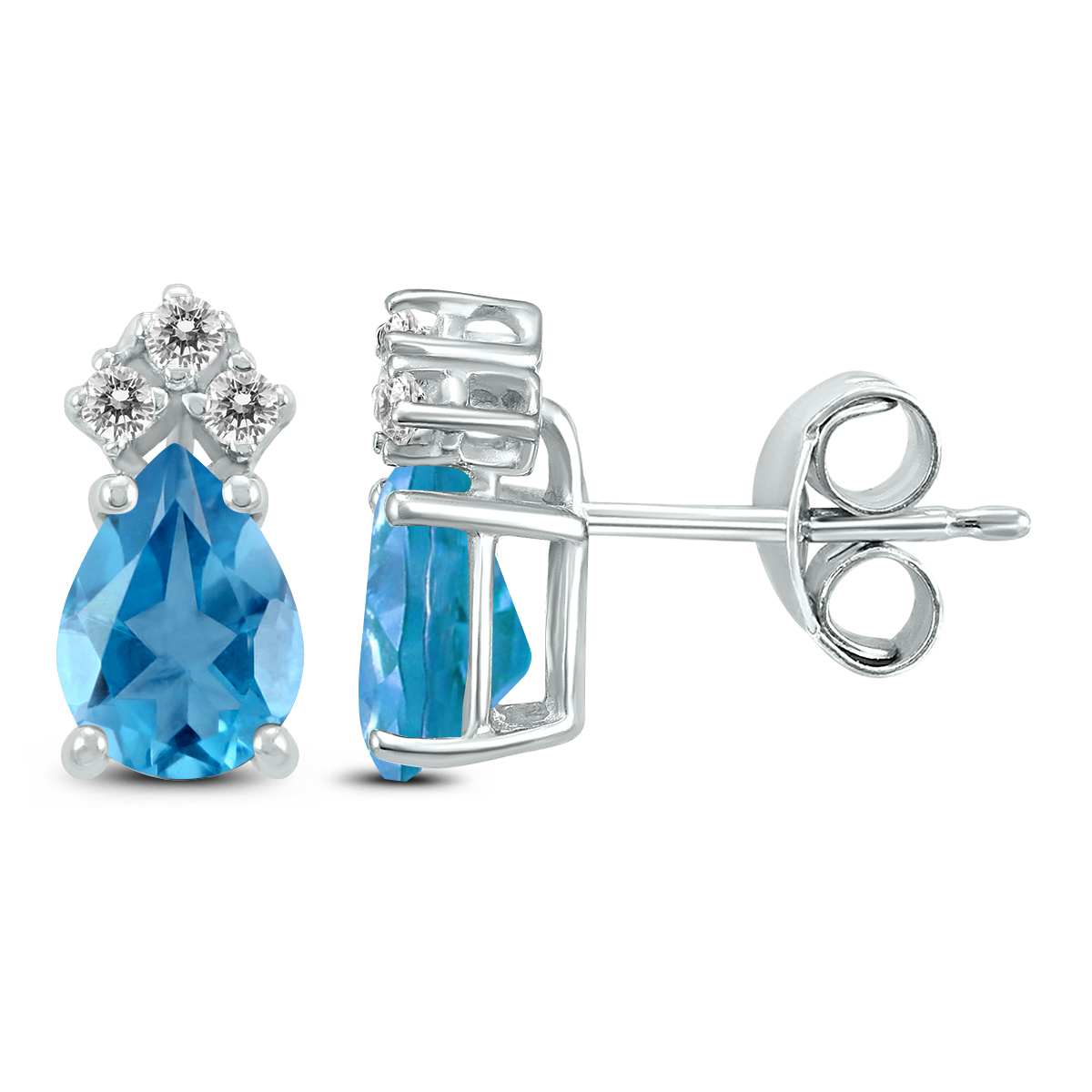 14K White Gold 7x5MM Pear Blue Topaz and Three Stone Diamond Earrings