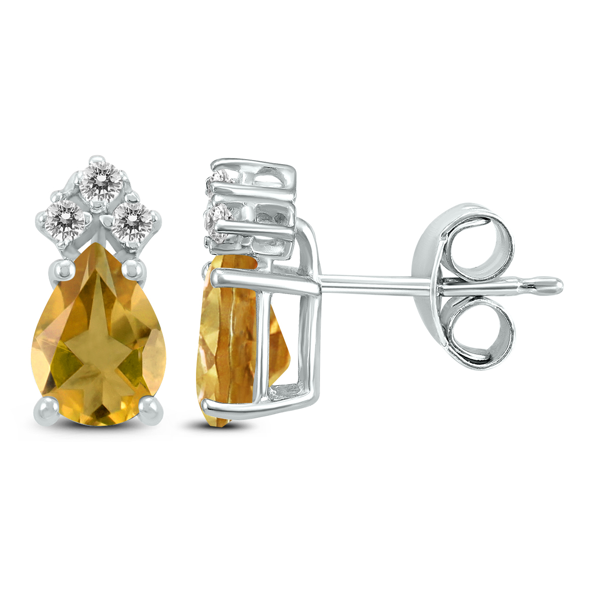 14K White Gold 7x5MM Pear Citrine and Three Stone Diamond Earrings