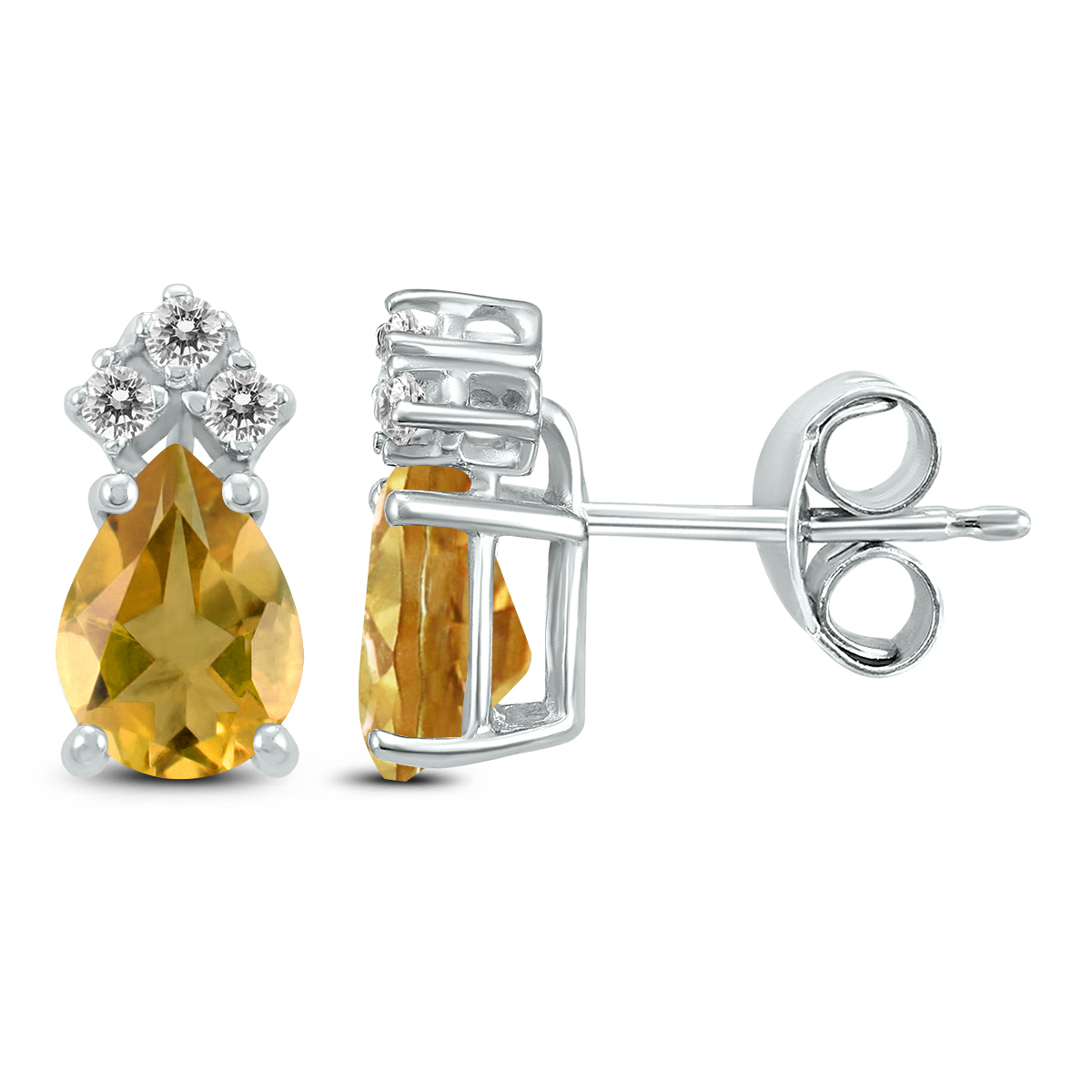 14K White Gold 8x6MM Pear Citrine and Three Stone Diamond Earrings