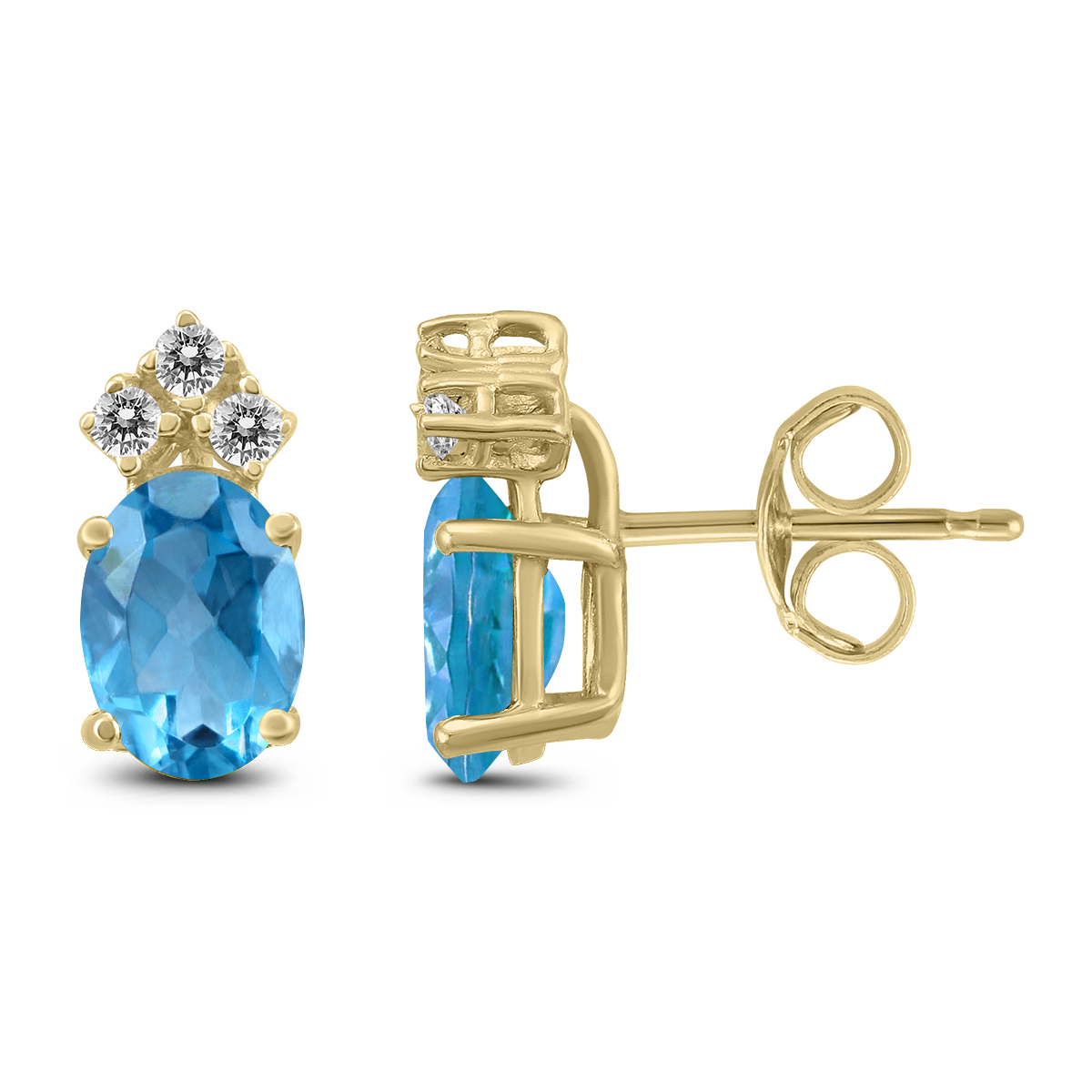 14K Yellow Gold 7x5MM Oval Blue Topaz and Three Stone Diamond Earrings