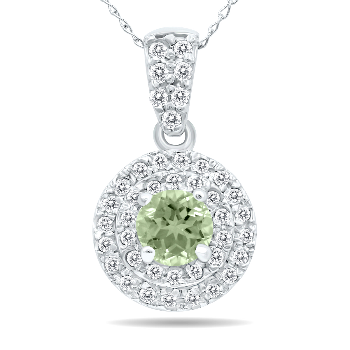 3/4 Carat TW Double Halo Green Amethyst And Diamond Pendant in 10K White Gold