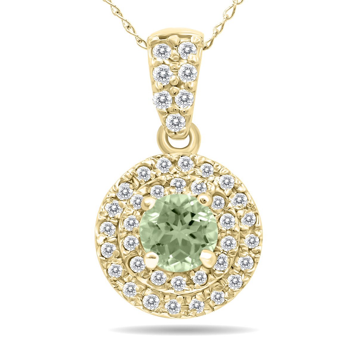3/4 Carat TW Double Halo Green Amethyst And Diamond Pendant in 10K Yellow Gold