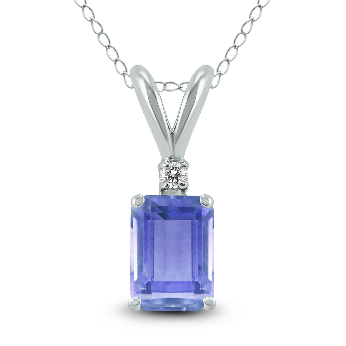 14K White Gold 6x4MM Emerald Shaped Tanzanite and Diamond Pendant