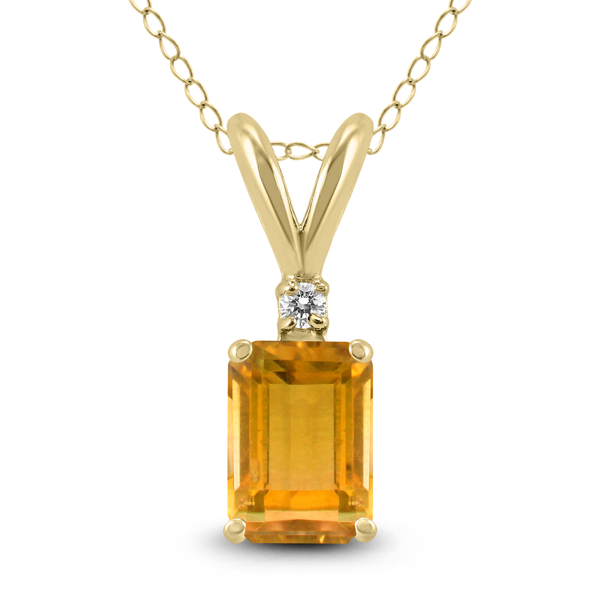 14K Yellow Gold 6x4MM Emerald Shaped Citrine and Diamond Pendant