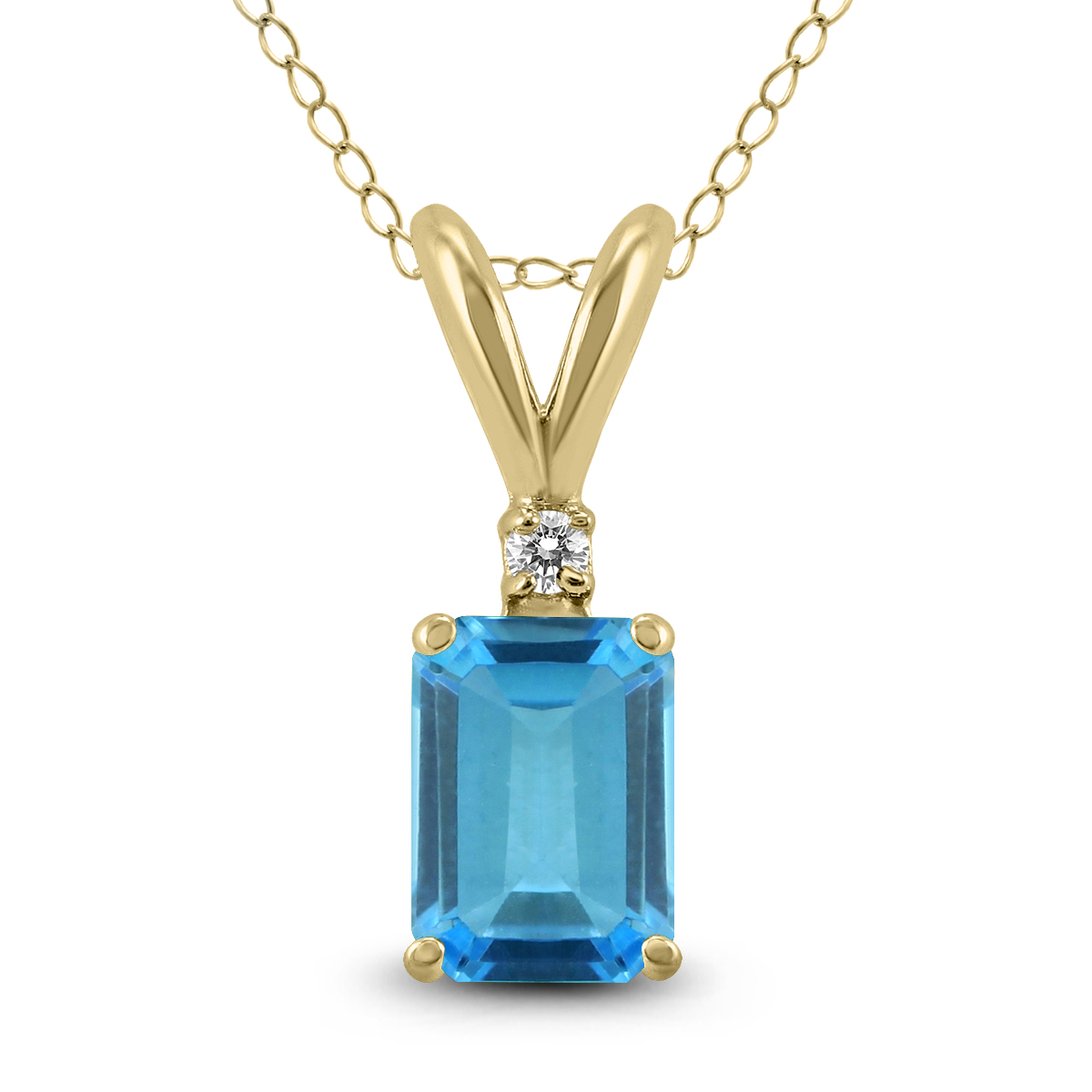 14K Yellow Gold 7x5MM Emerald Shaped Blue Topaz and Diamond Pendant