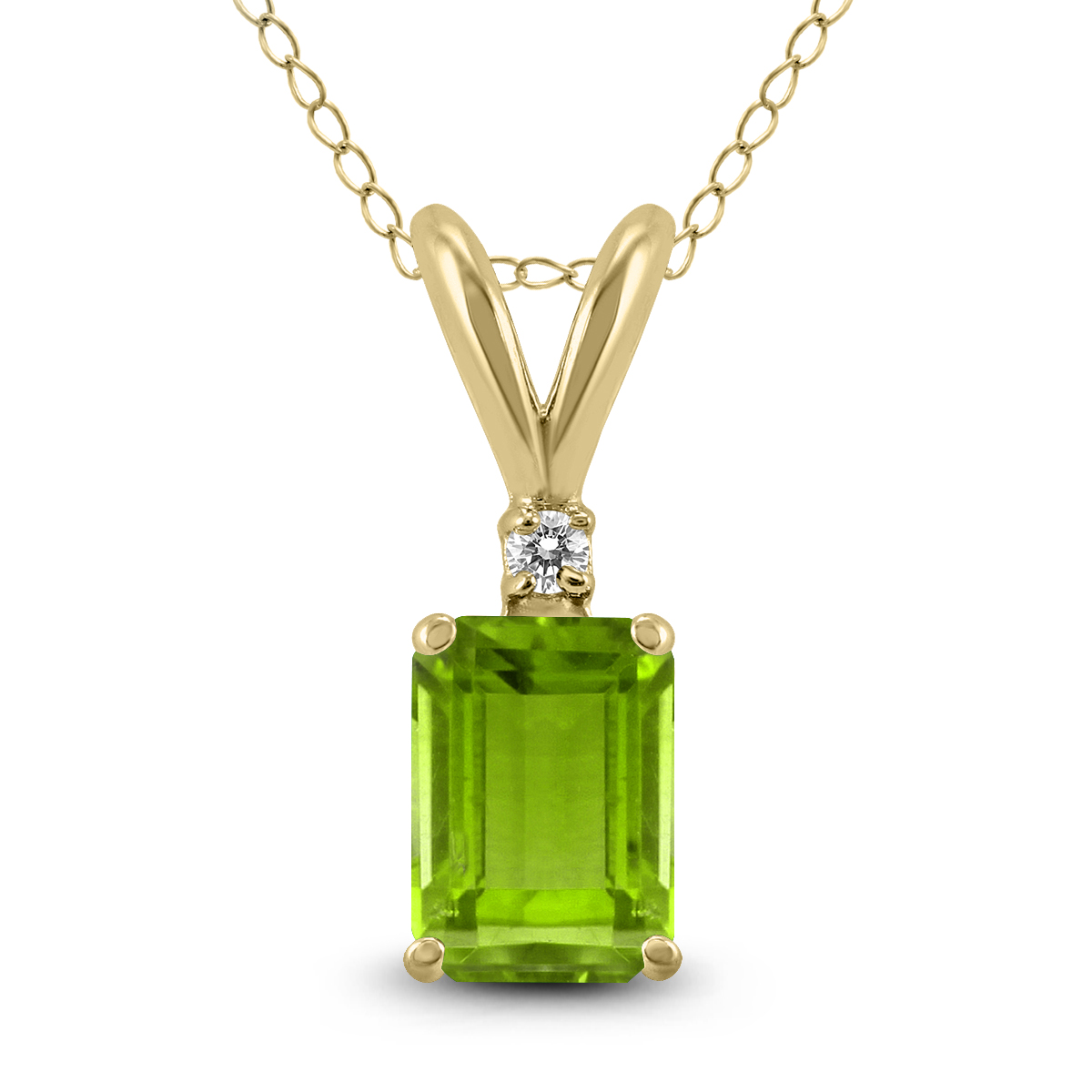 14K Yellow Gold 7x5MM Emerald Shaped Peridot and Diamond Pendant