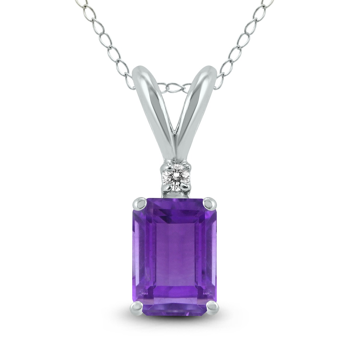 14K White Gold 8x6MM Emerald Shaped Amethyst and Diamond Pendant