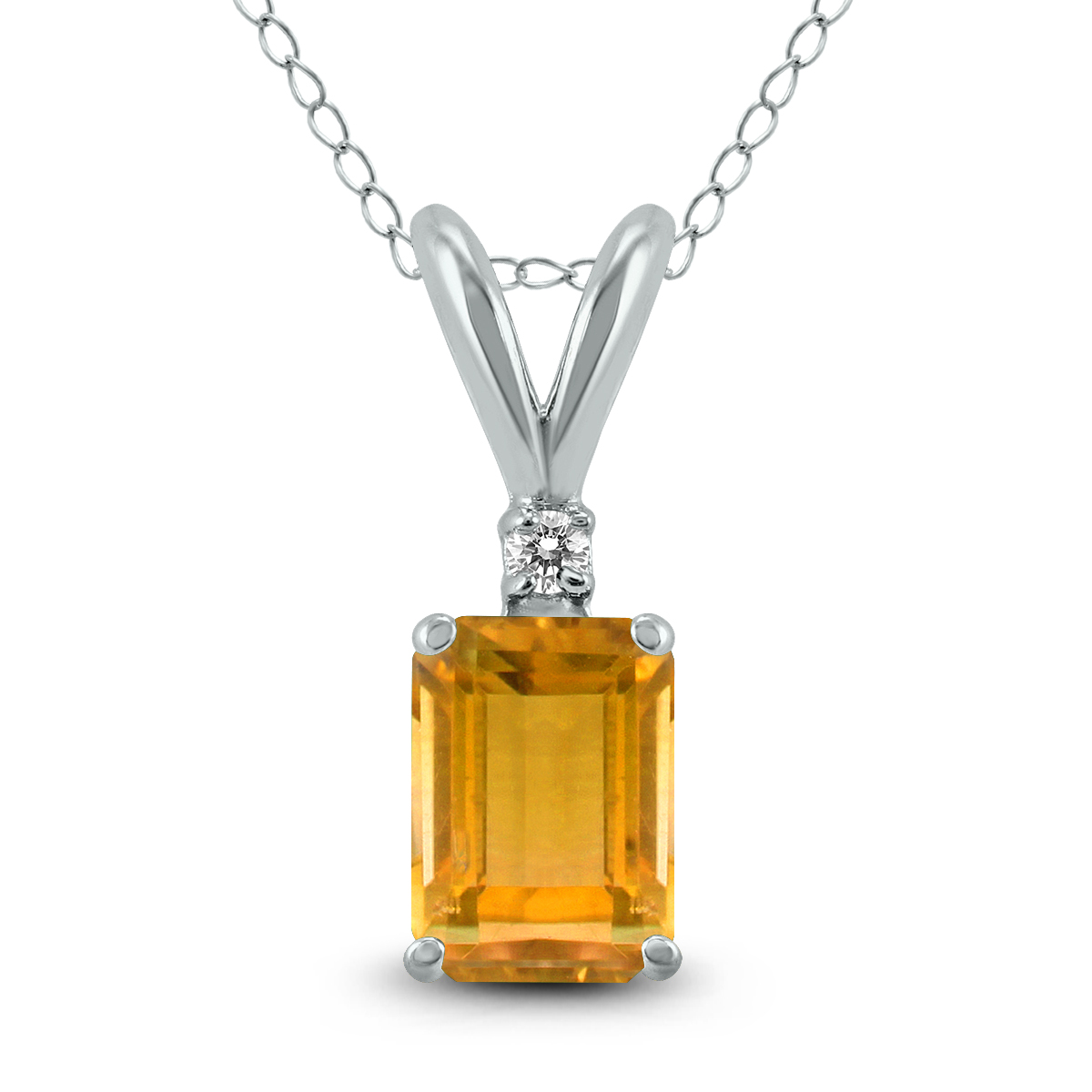 14K White Gold 8x6MM Emerald Shaped Citrine and Diamond Pendant