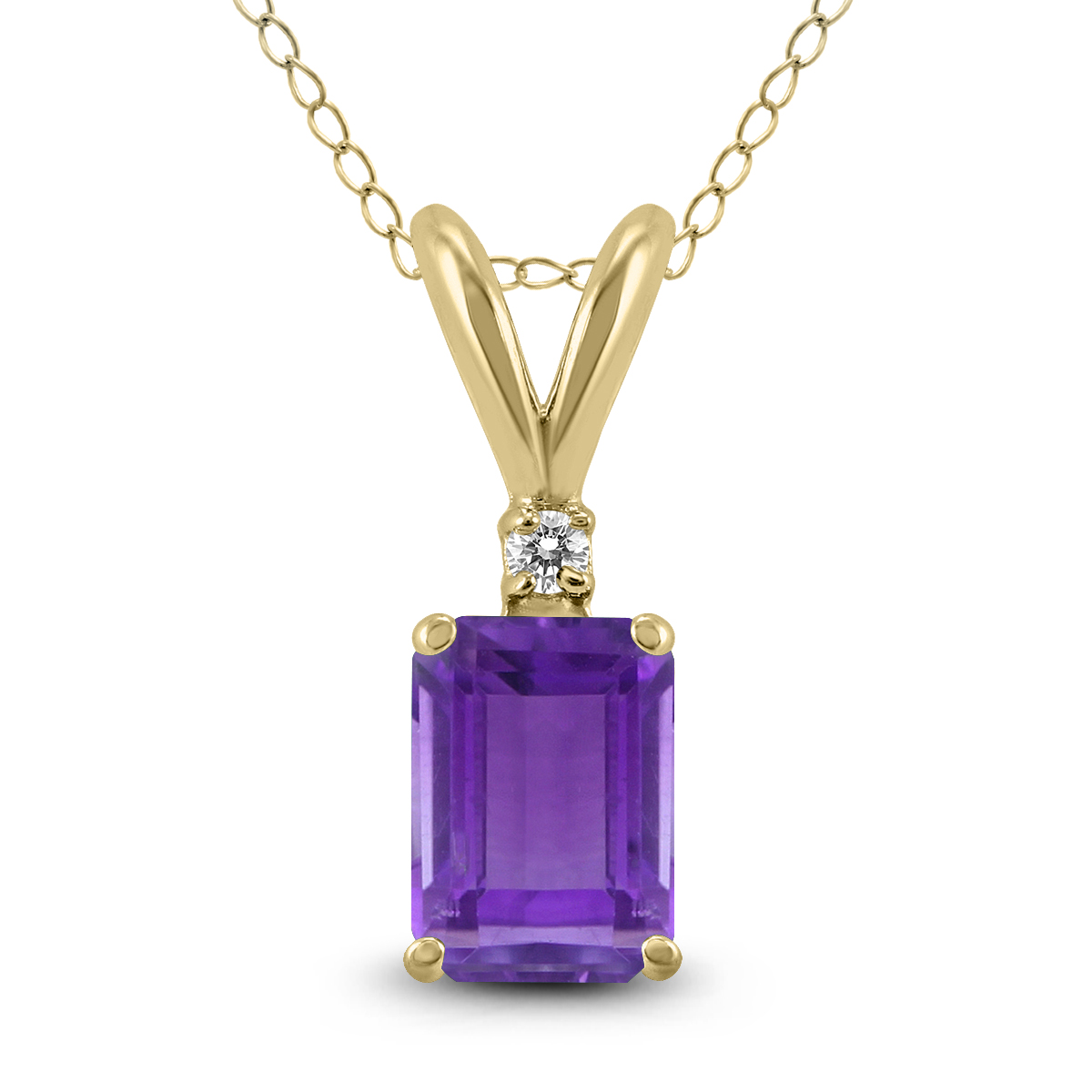 14K Yellow Gold 8x6MM Emerald Shaped Amethyst and Diamond Pendant