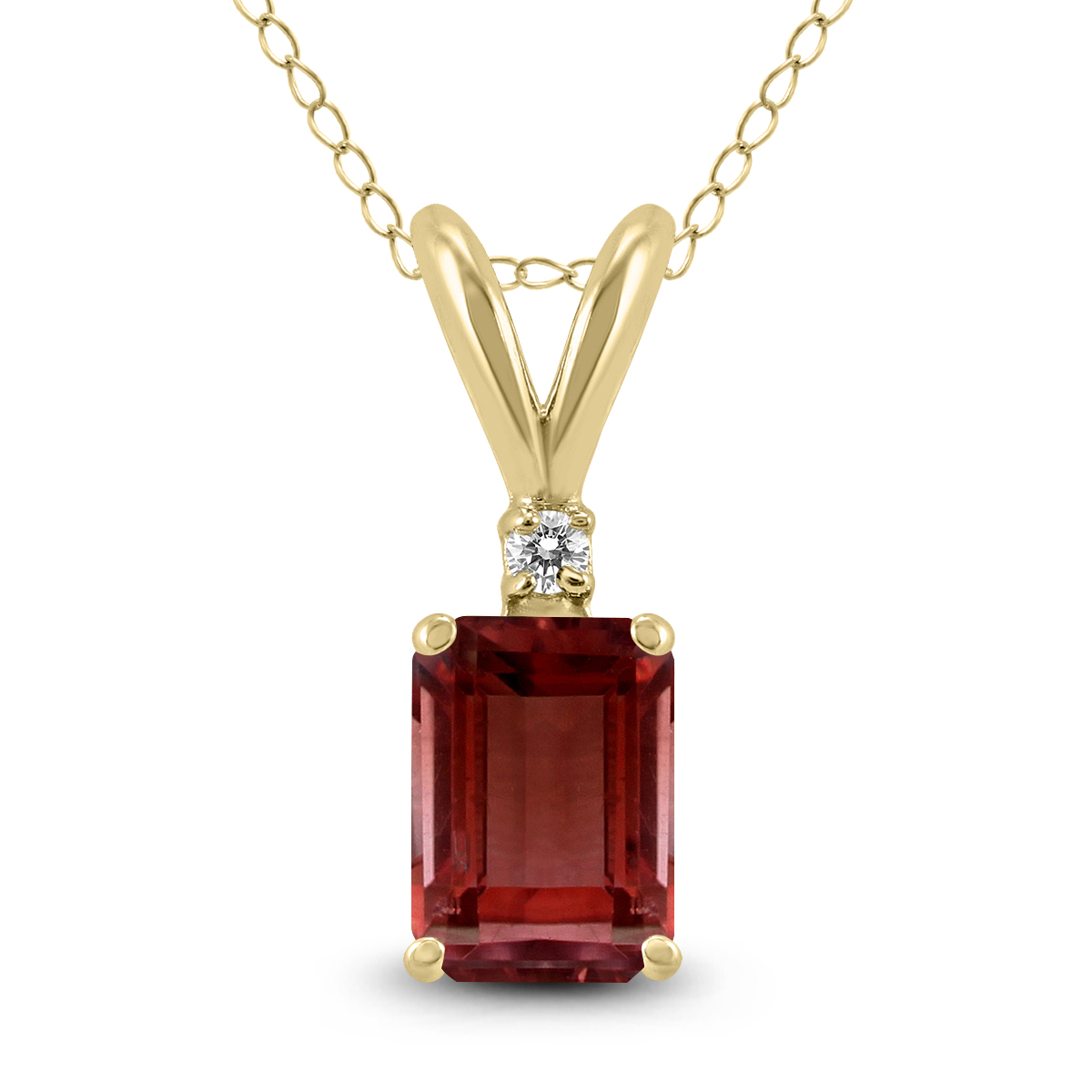 14K Yellow Gold 8x6MM Emerald Shaped Garnet and Diamond Pendant
