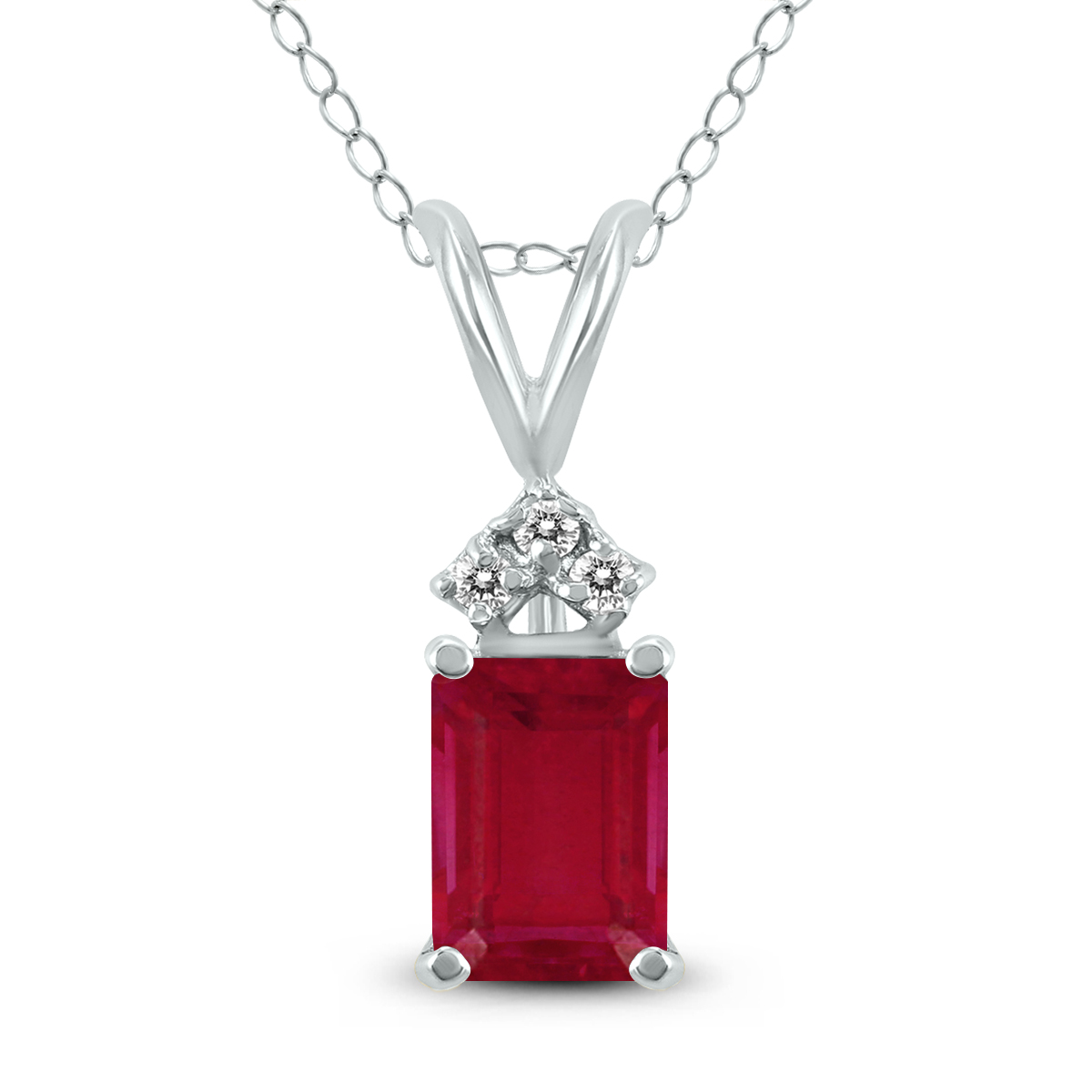 14K White Gold 6x4MM Emerald Shaped Ruby and Three Stone Diamond Pendant