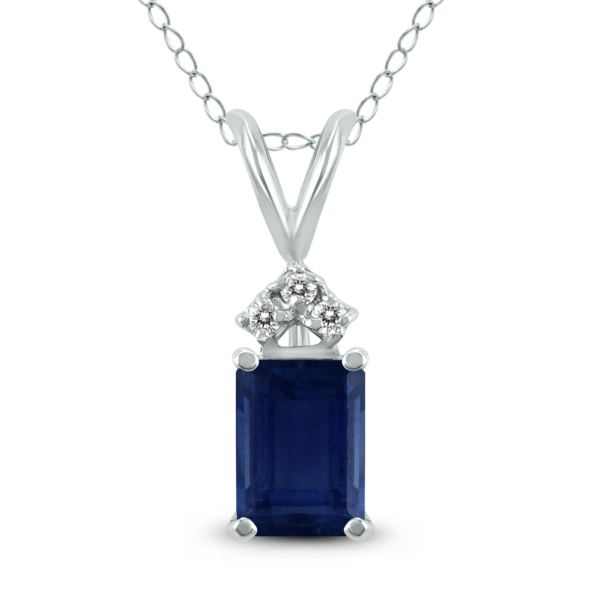 14K White Gold 6x4MM Emerald Shaped Sapphire and Three Stone Diamond Pendant