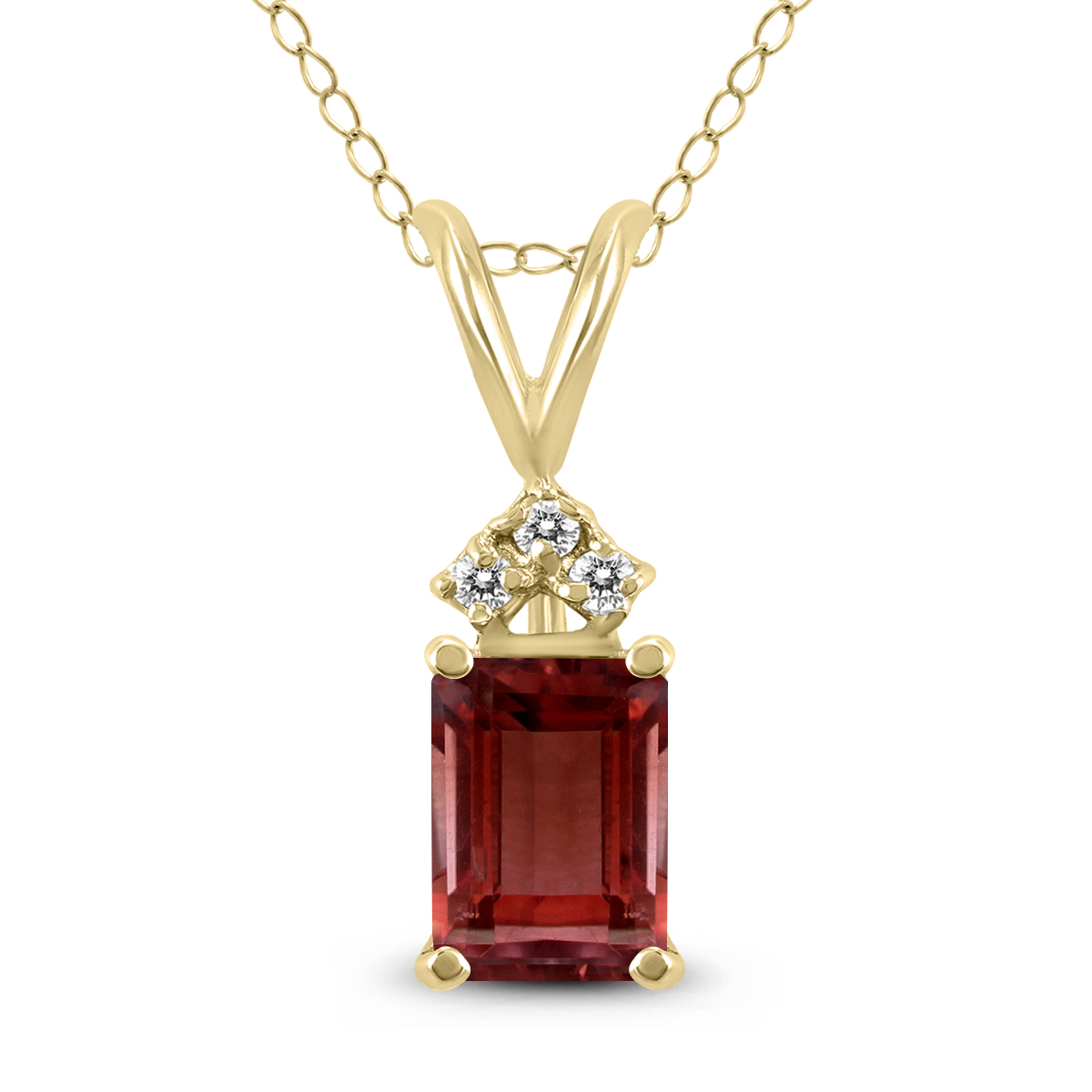 14K Yellow Gold 6x4MM Emerald Shaped Garnet and Three Stone Diamond Pendant