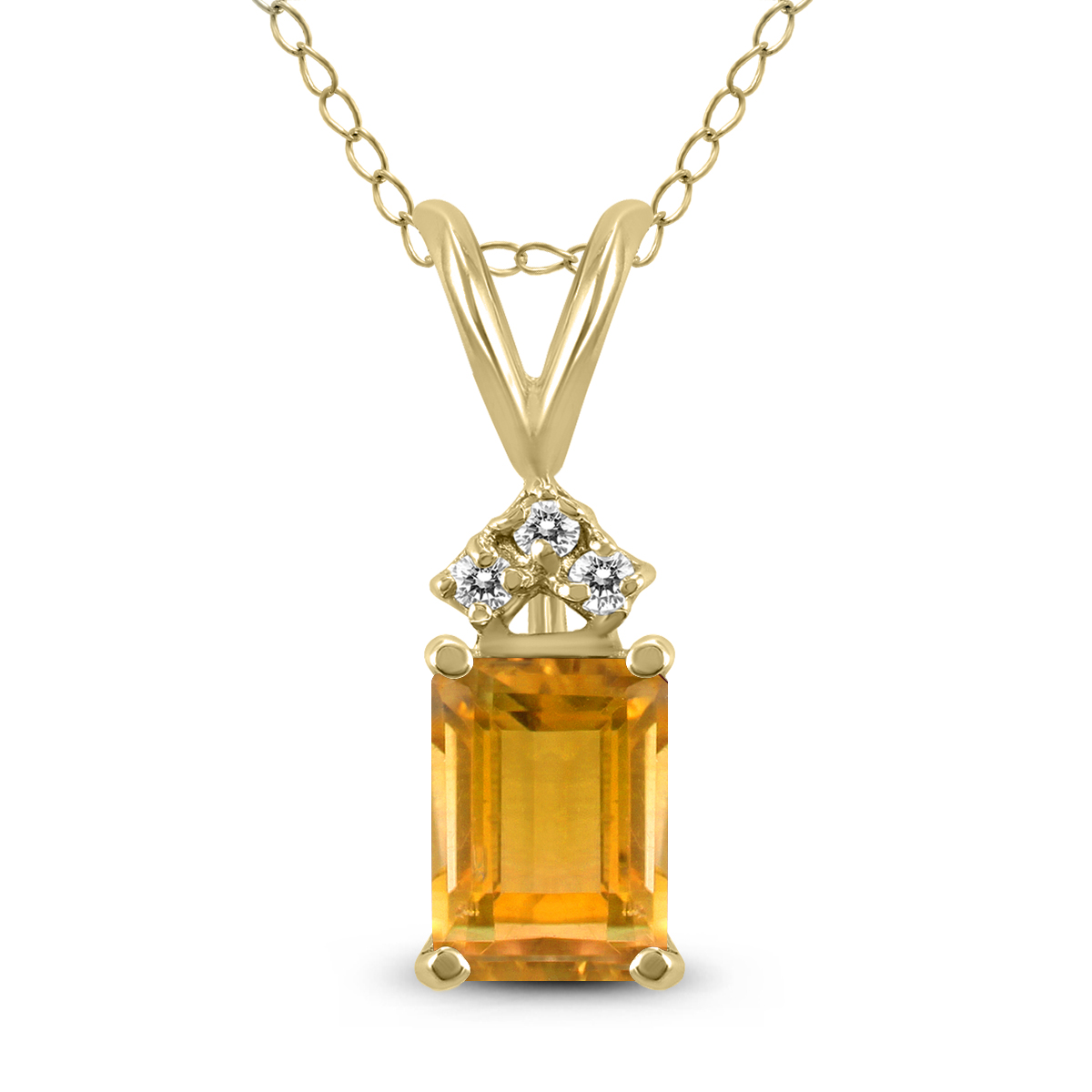 14K Yellow Gold 7x5MM Emerald Shaped Citrine and Three Stone Diamond Pendant