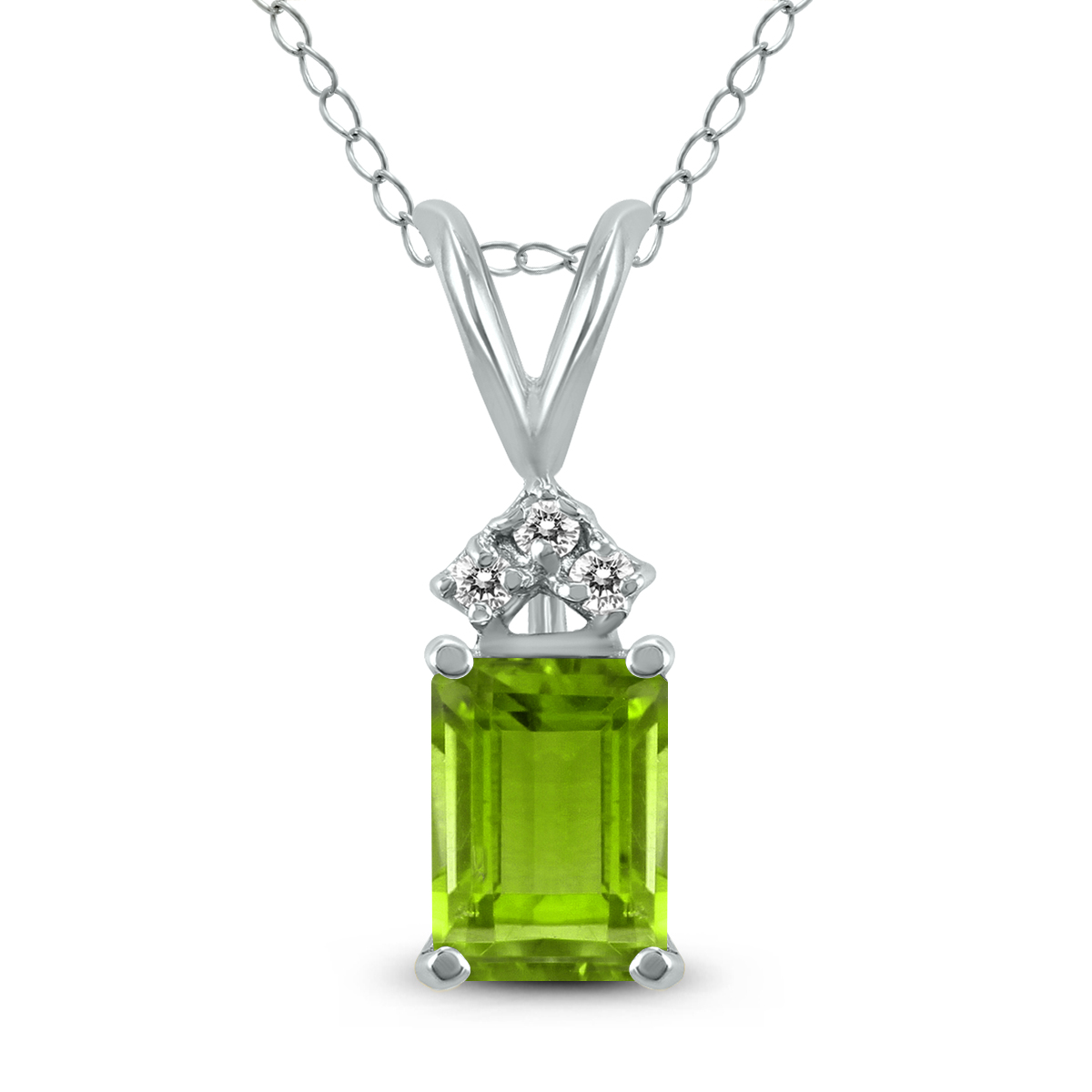 14K White Gold 8x6MM Emerald Shaped Peridot and Three Stone Diamond Pendant