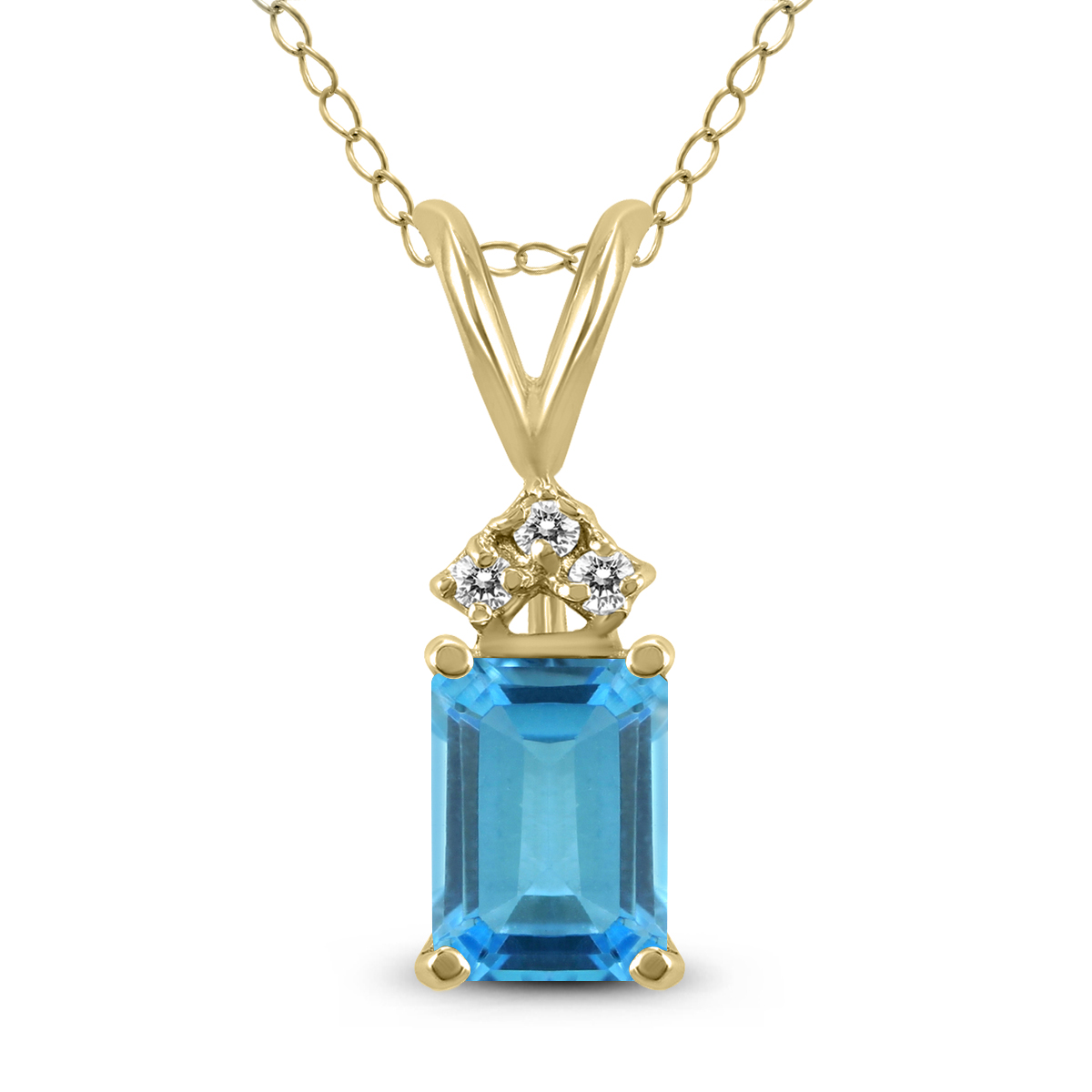 14K Yellow Gold 8x6MM Emerald Shaped Blue Topaz and Three Stone Diamond Pendant
