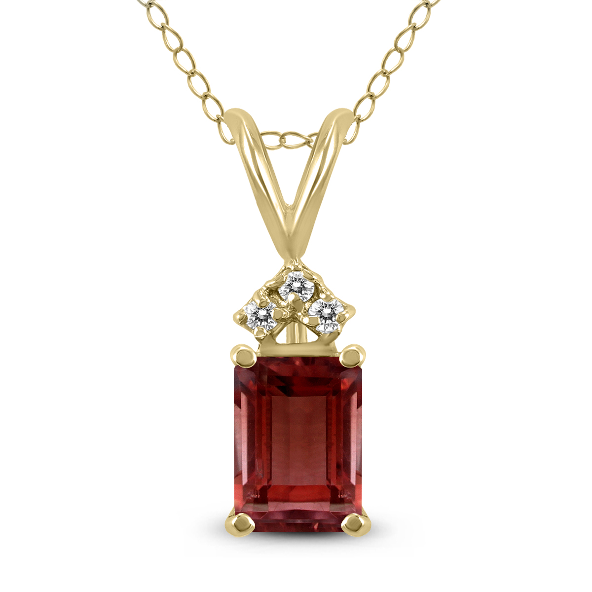 14K Yellow Gold 8x6MM Emerald Shaped Garnet and Three Stone Diamond Pendant