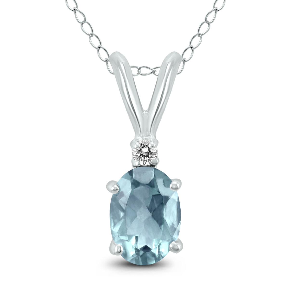 14K White Gold 5x3MM Oval Aquamarine and Diamond Pendant