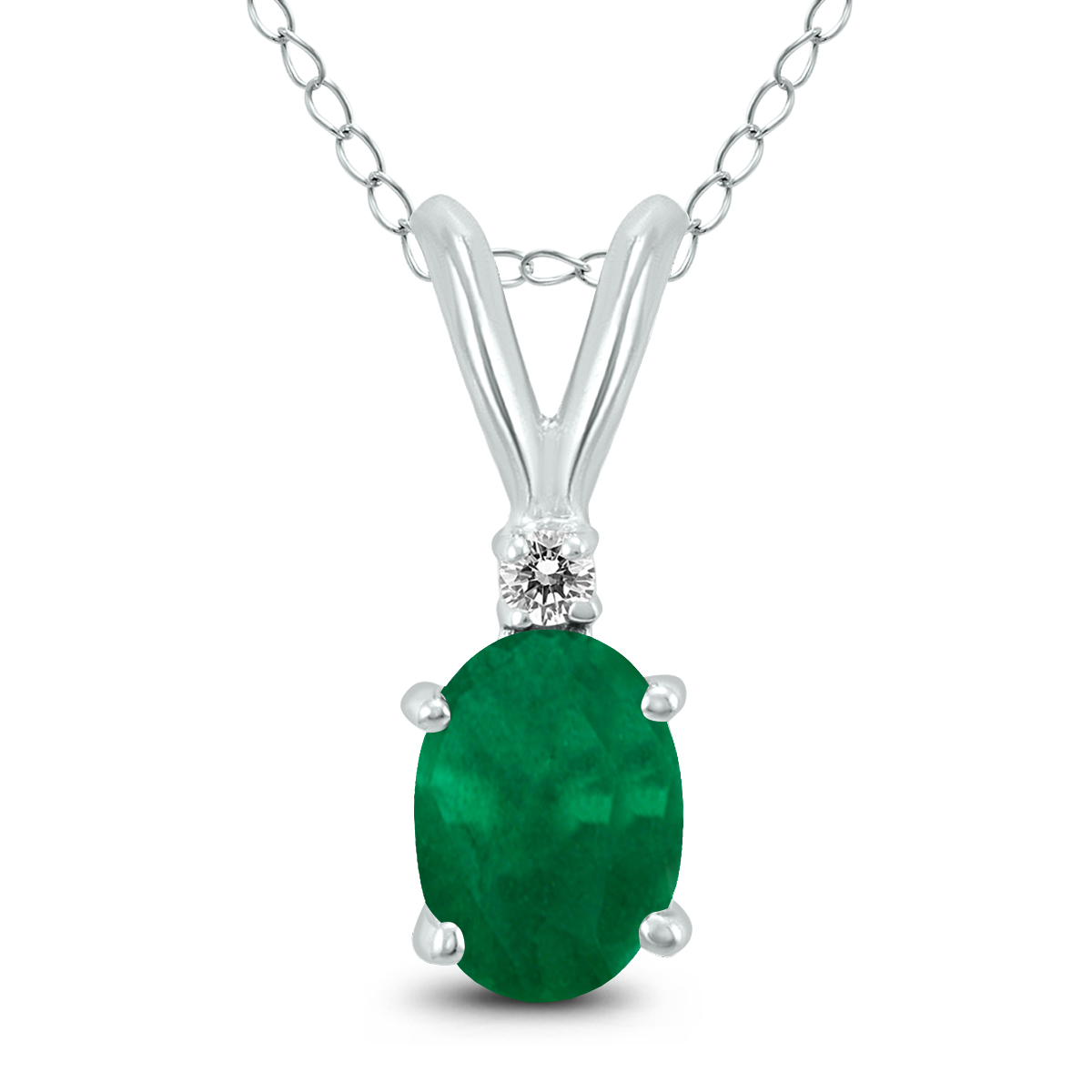 14K White Gold 5x3MM Oval Emerald and Diamond Pendant