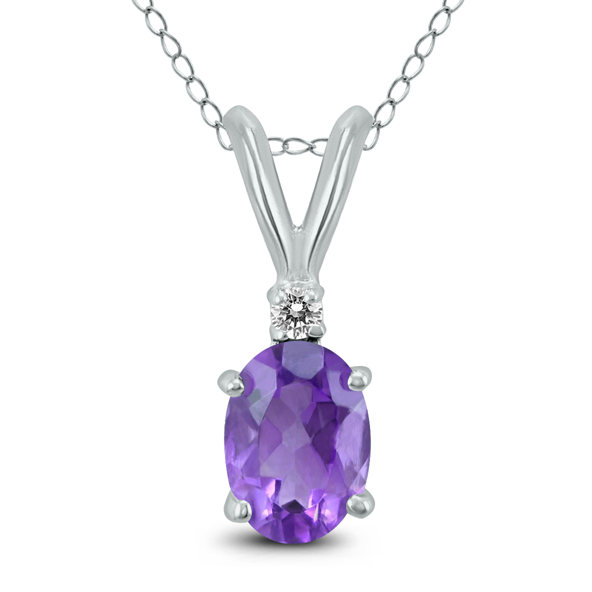 14K White Gold 6x4MM Oval Amethyst and Diamond Pendant