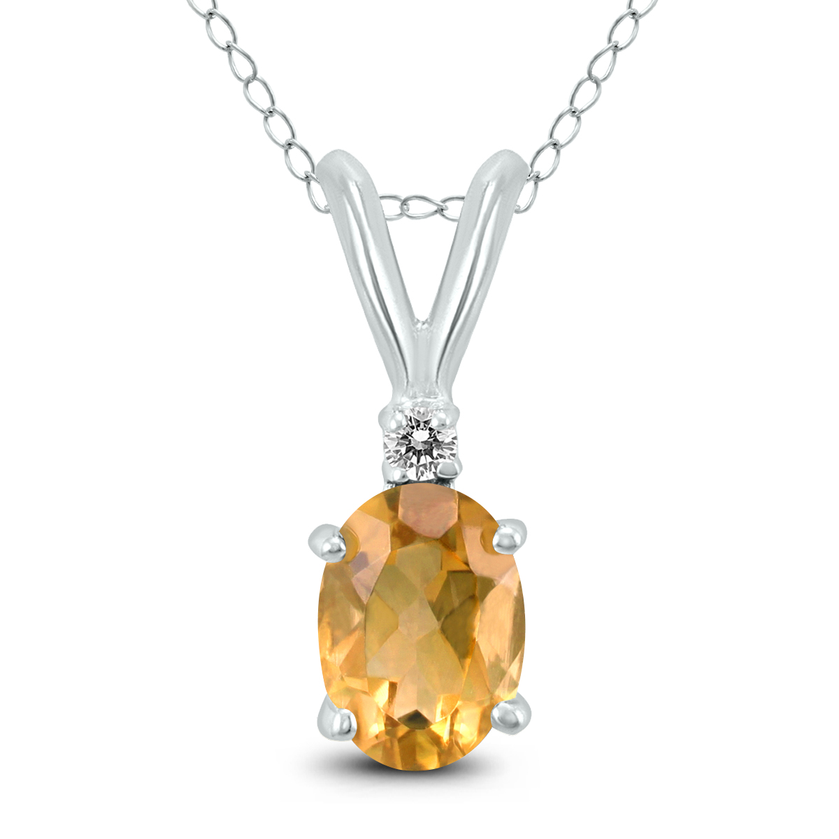 14K White Gold 8x6MM Oval Citrine and Diamond Pendant
