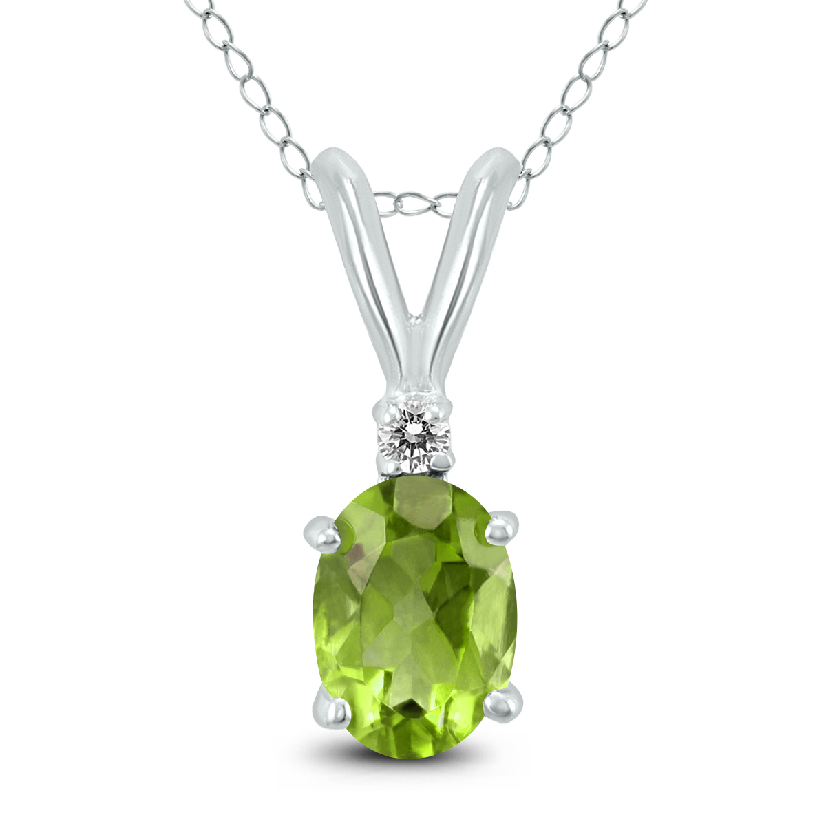14K White Gold 8x6MM Oval Peridot and Diamond Pendant