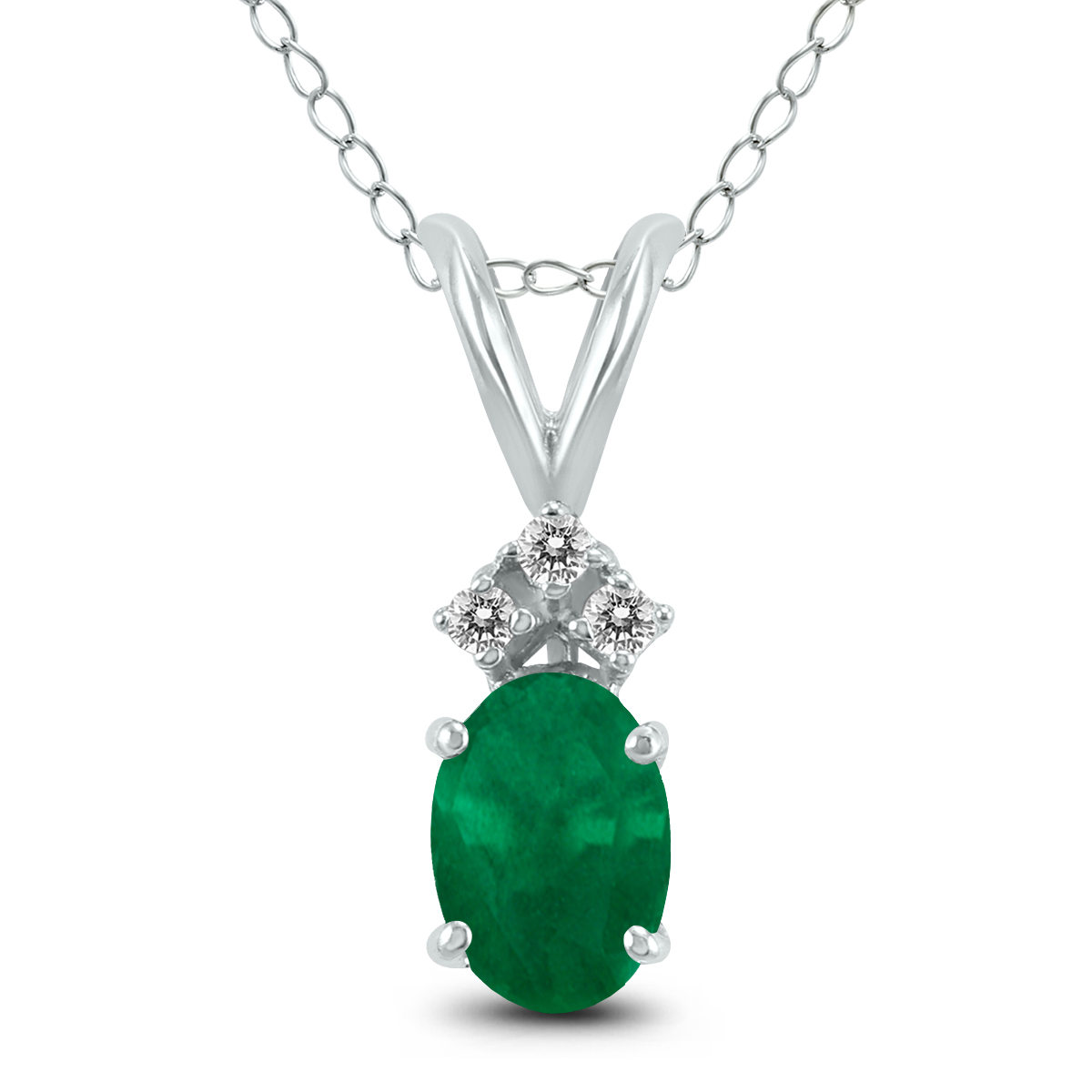 14K White Gold 5x3MM Oval Emerald and Three Stone Diamond Pendant