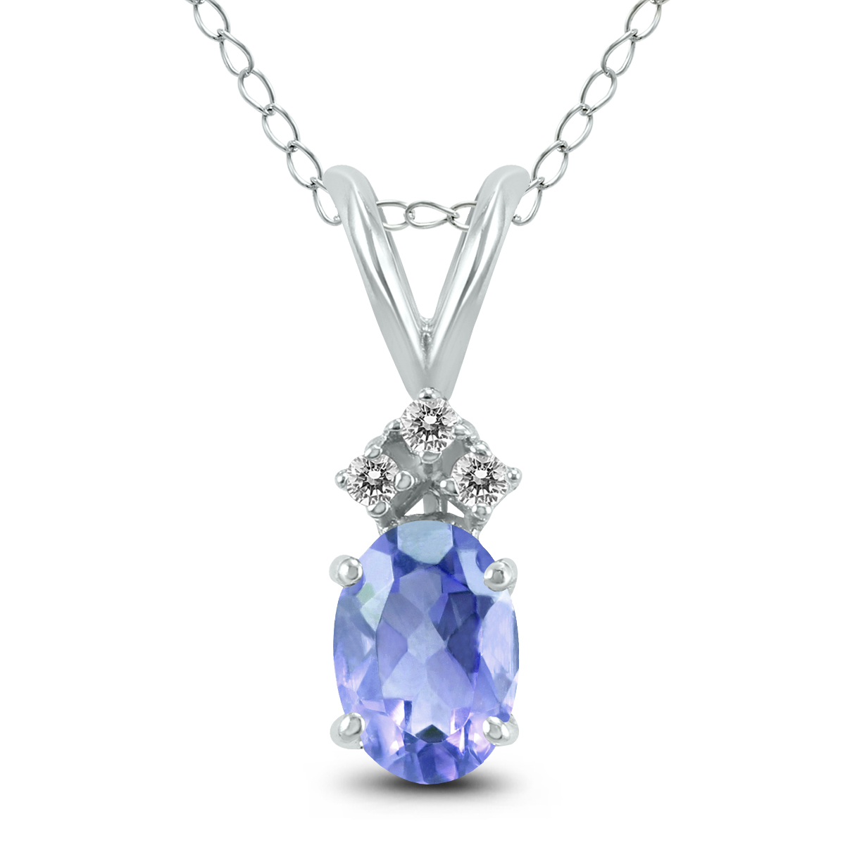 14K White Gold 5x3MM Oval Tanzanite and Three Stone Diamond Pendant
