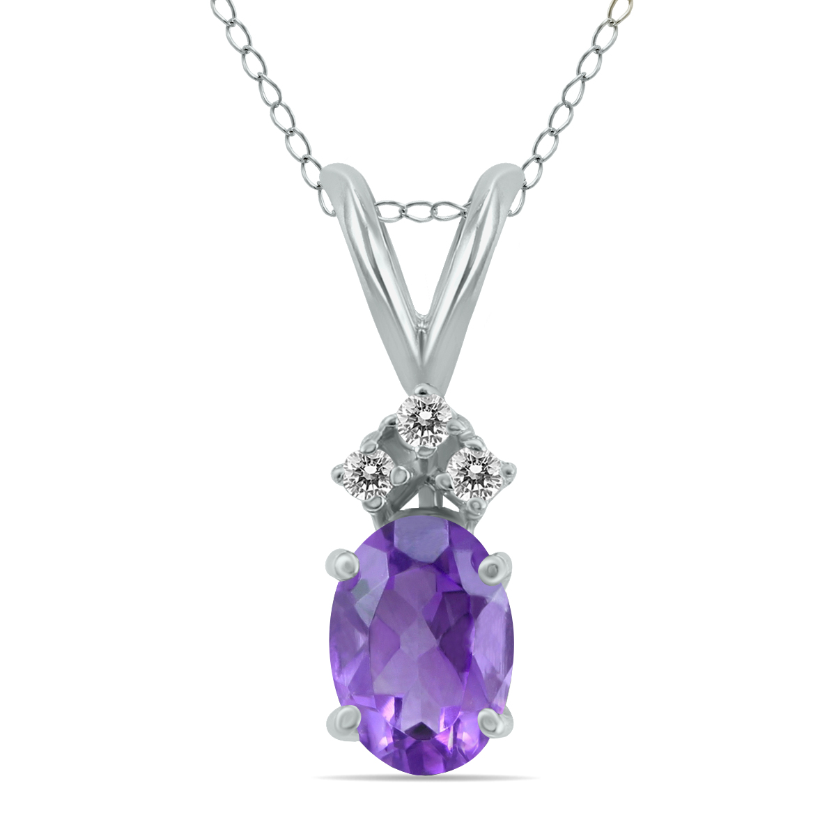 14K White Gold 6x4MM Oval Amethyst and Three Stone Diamond Pendant