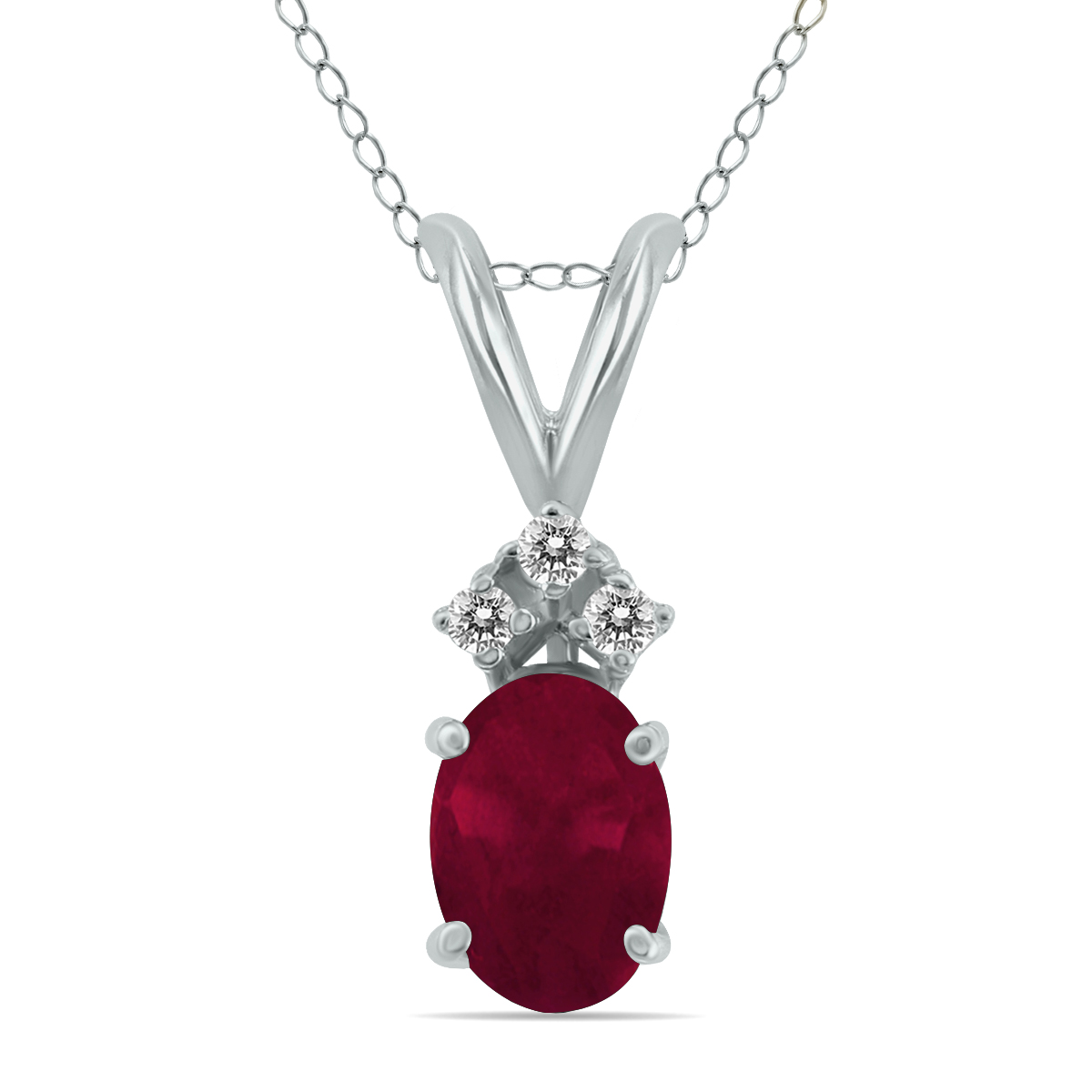14K White Gold 6x4MM Genuine Oval Ruby and Three Stone Diamond Pendant