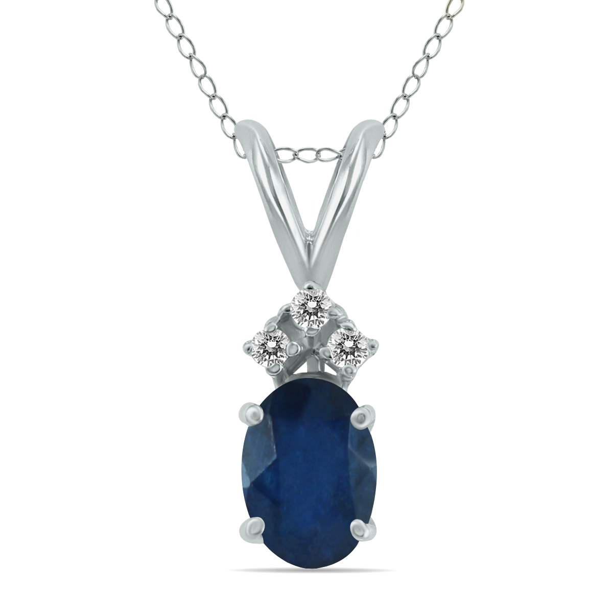 14K White Gold 6x4MM Oval Sapphire and Three Stone Diamond Pendant