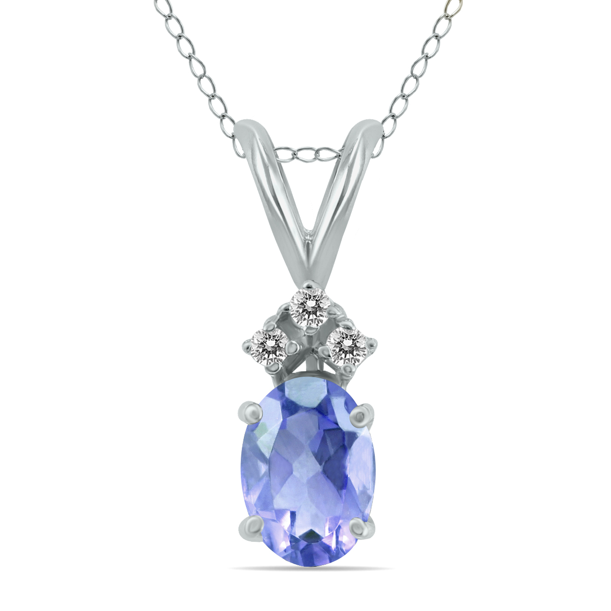 14K White Gold 6x4MM Oval Tanzanite and Three Stone Diamond Pendant