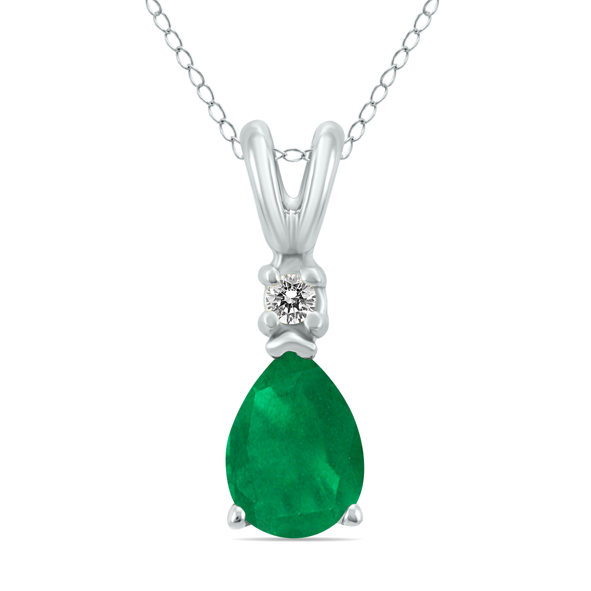 14K White Gold 6x4MM Pear Emerald and Diamond Pendant