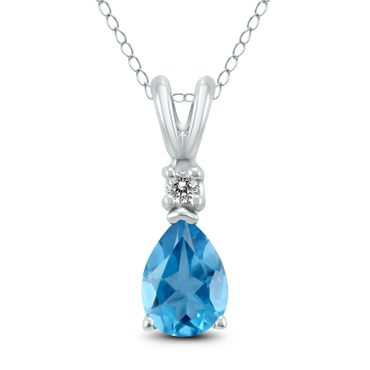 14K White Gold 8x6MM Pear Blue Topaz and Diamond Pendant