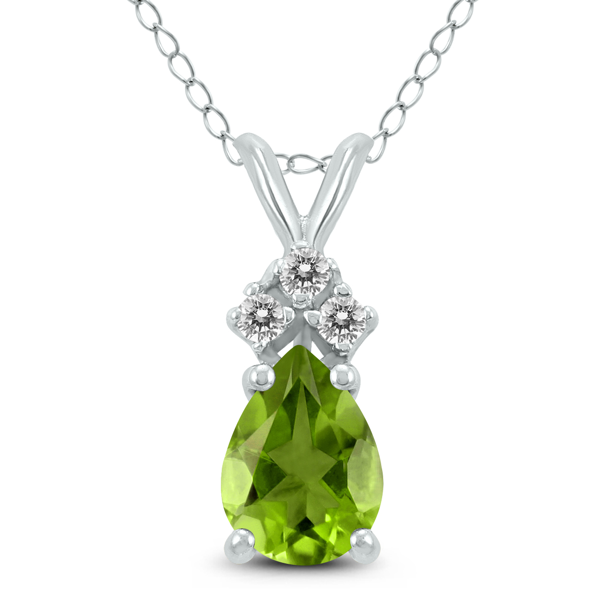 14K White Gold 6x4MM Pear Peridot and Three Stone Diamond Pendant