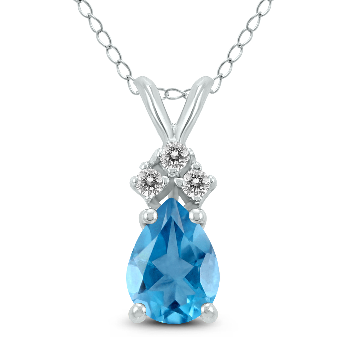 14K White Gold 7x5MM Pear Blue Topaz and Three Stone Diamond Pendant