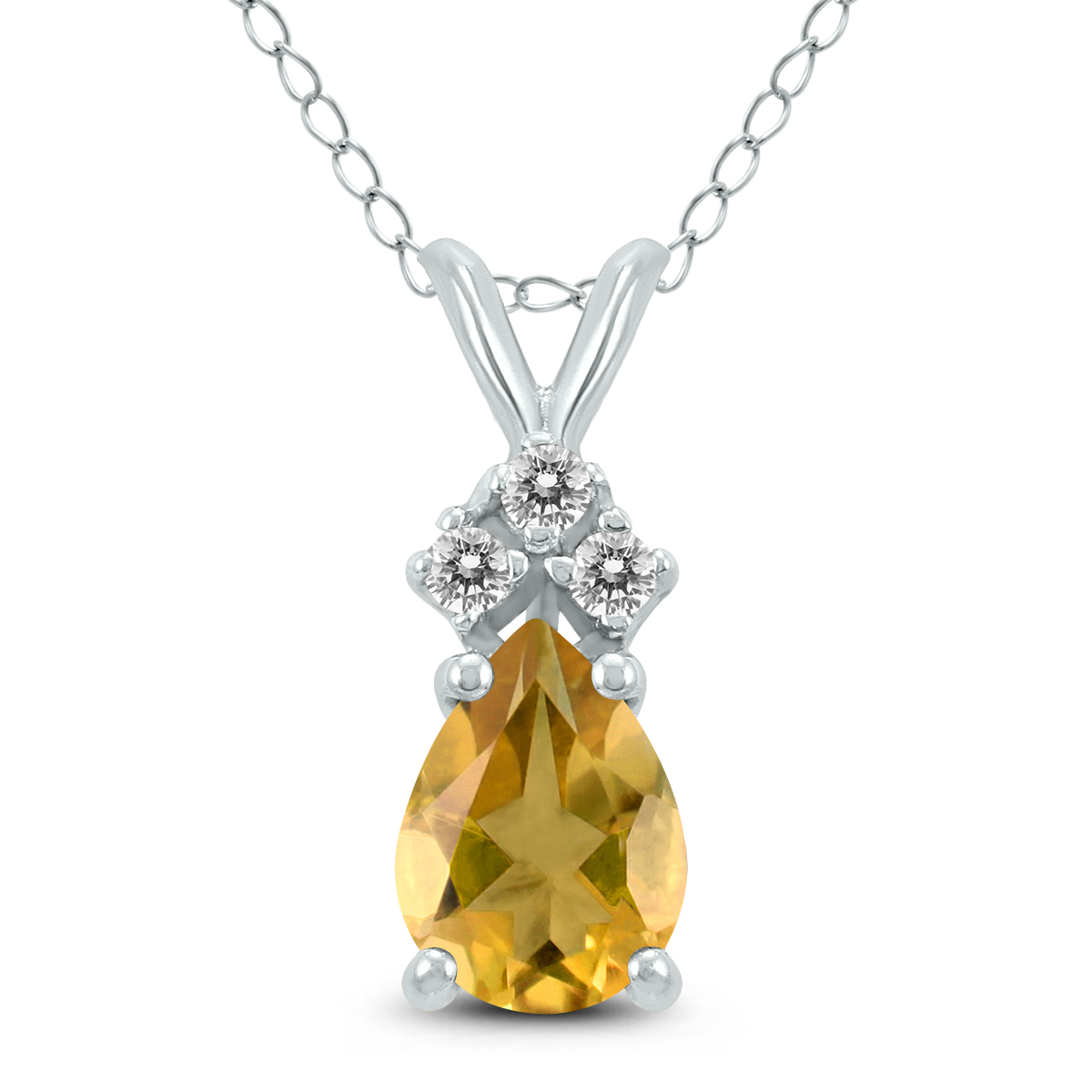 14K White Gold 8x6MM Pear Citrine and Three Stone Diamond Pendant