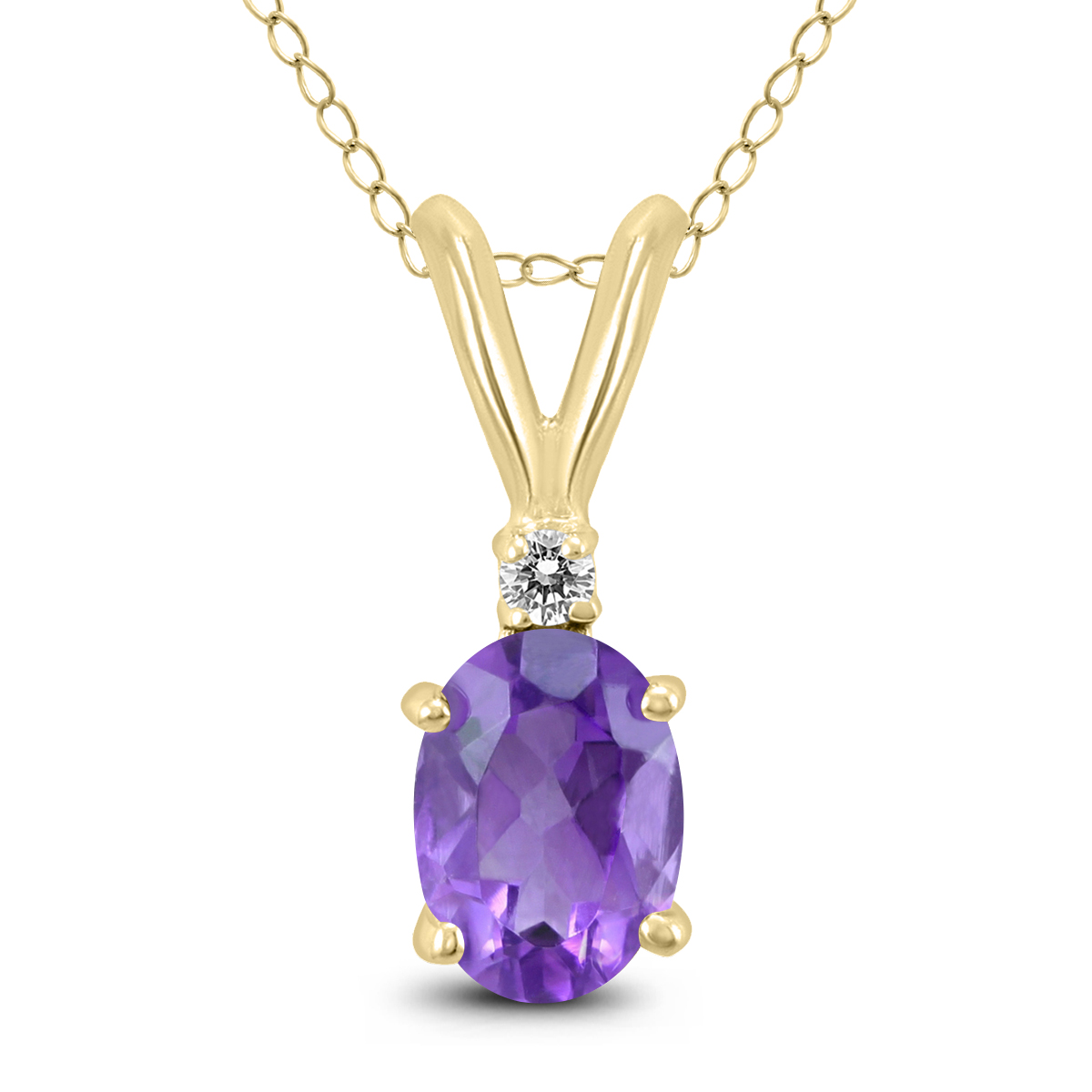 14K Yellow Gold 6x4MM Oval Amethyst and Diamond Pendant