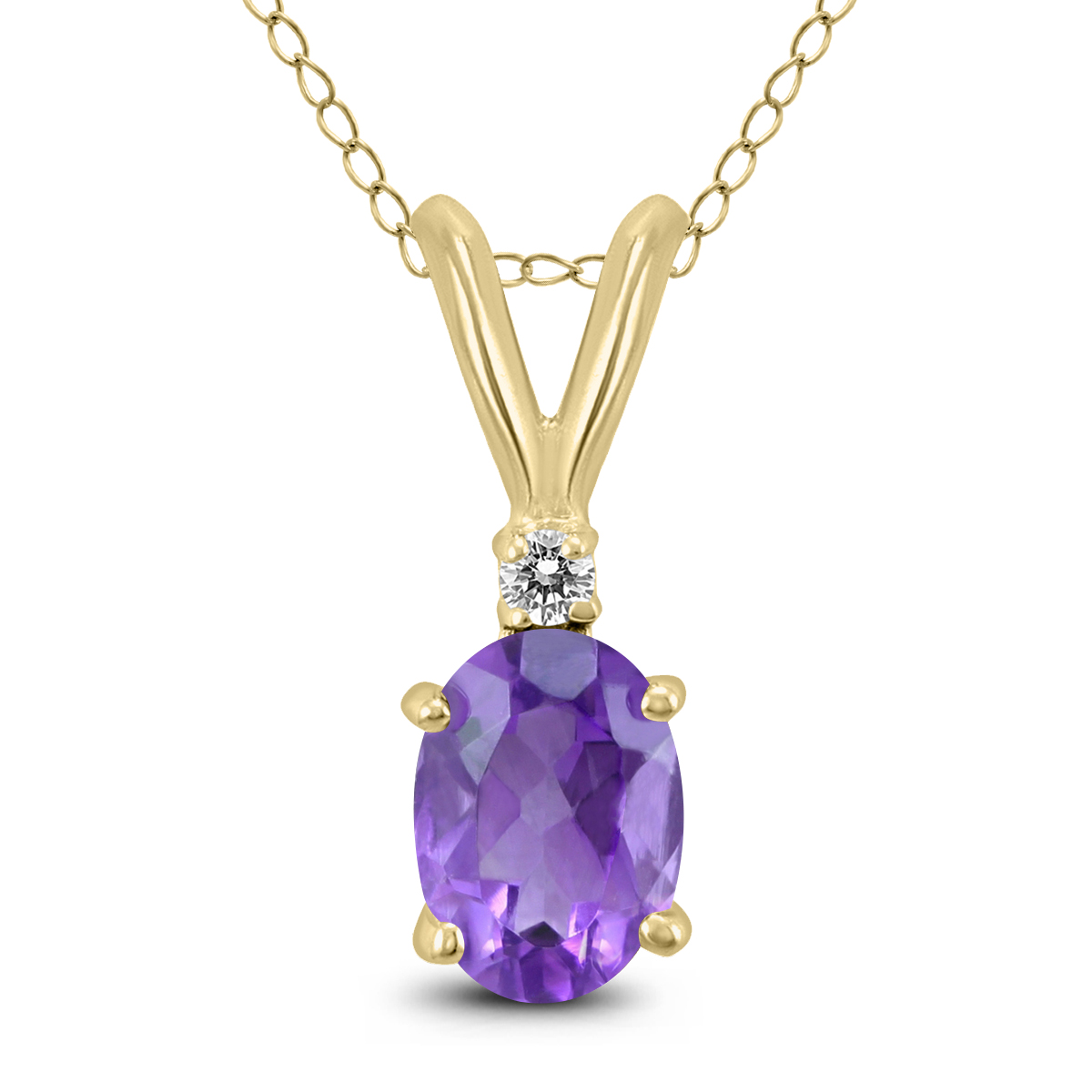 14K Yellow Gold 8x6MM Oval Amethyst and Diamond Pendant