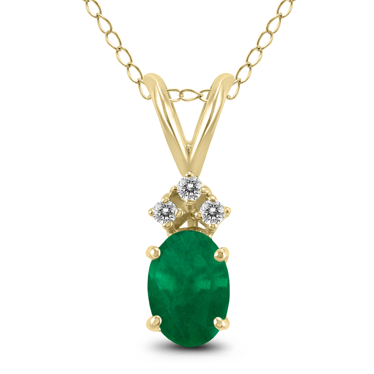 14K Yellow Gold 5x3MM Oval Emerald and Three Stone Diamond Pendant