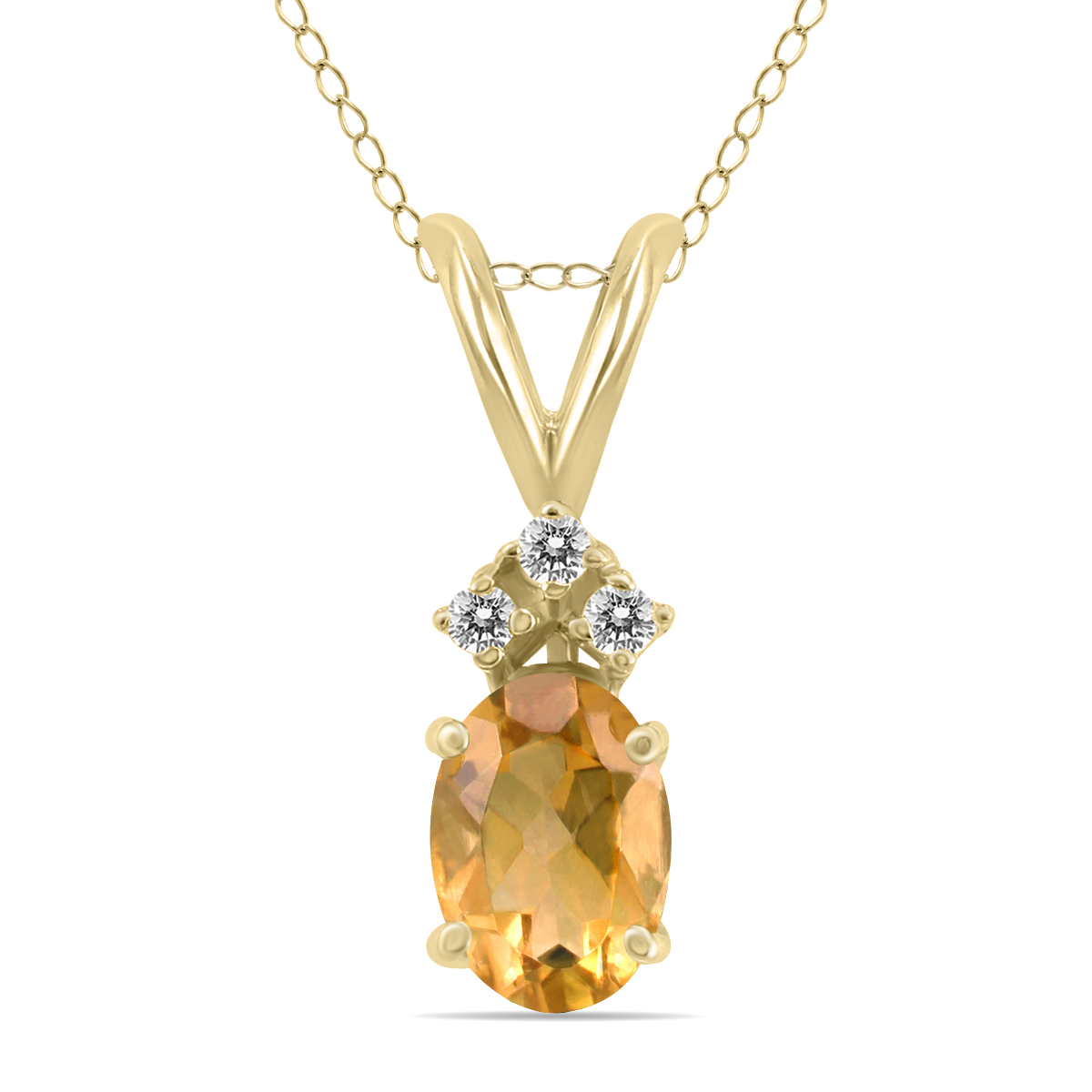 14K Yellow Gold 6x4MM Oval Citrine and Three Stone Diamond Pendant