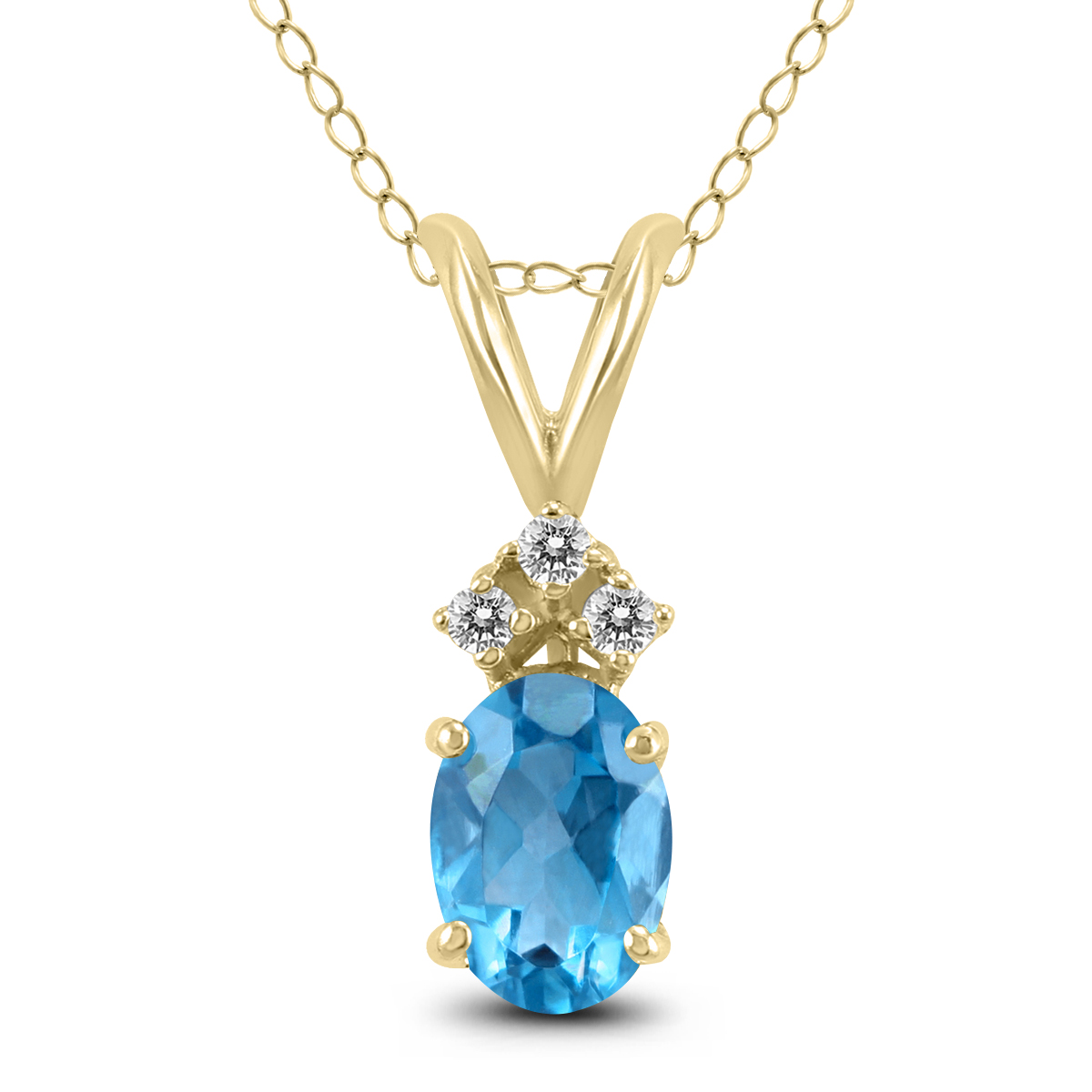 14K Yellow Gold 8x6MM Oval Blue Topaz and Three Stone Diamond Pendant