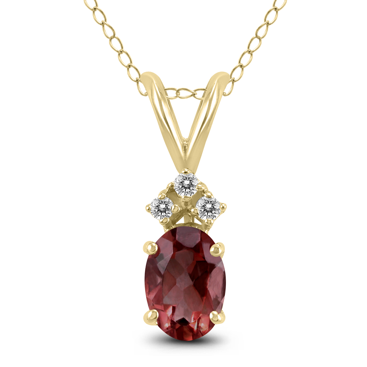 14K Yellow Gold 8x6MM Oval Garnet and Three Stone Diamond Pendant