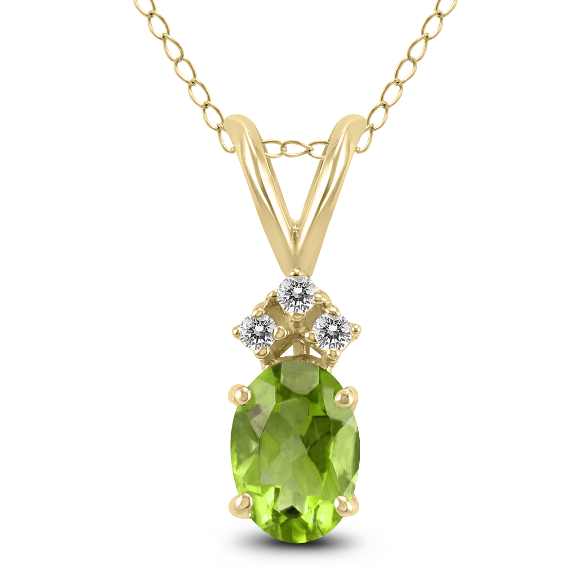 14K Yellow Gold 8x6MM Oval Peridot and Three Stone Diamond Pendant