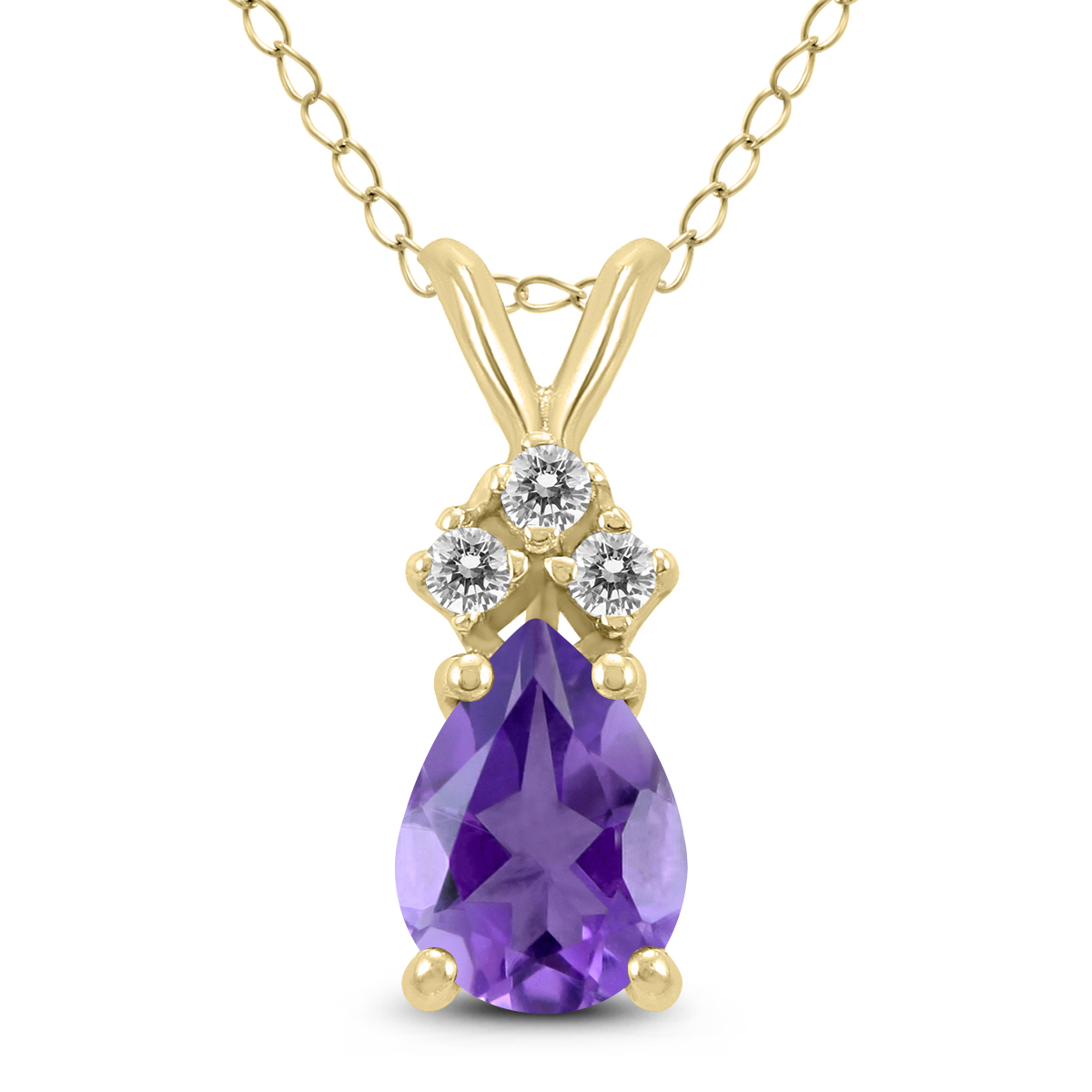 14K Yellow Gold 6x4MM Pear Amethyst and Three Stone Diamond Pendant