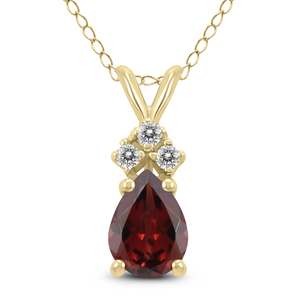 14K Yellow Gold 6x4MM Pear Garnet and Three Stone Diamond Pendant