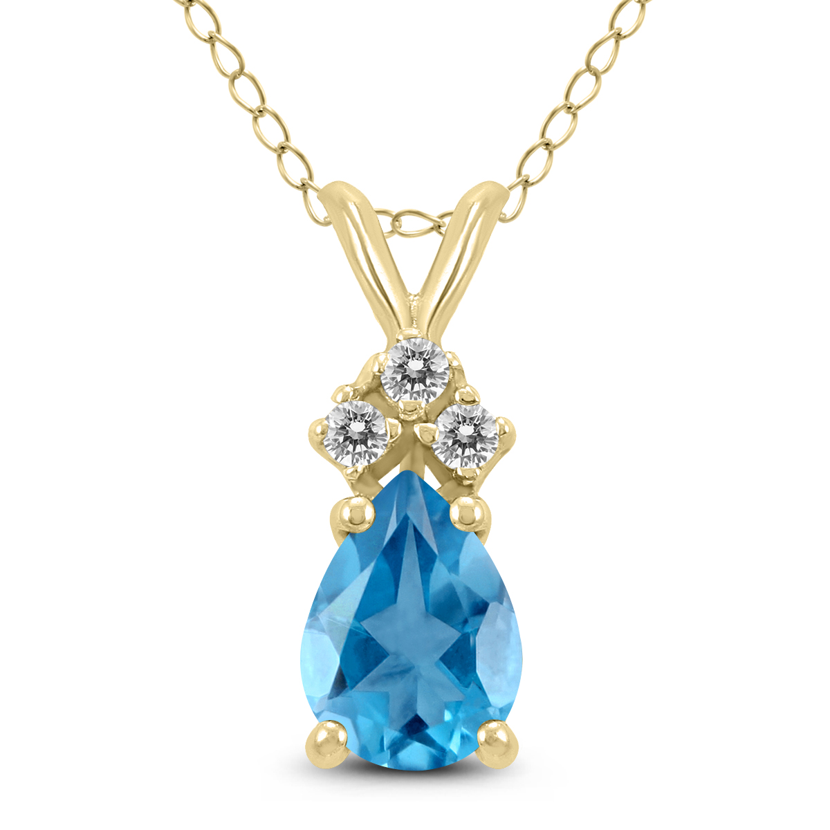 14K Yellow Gold 7x5MM Pear Blue Topaz and Three Stone Diamond Pendant