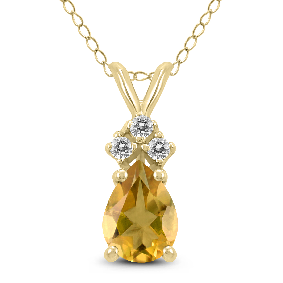 14K Yellow Gold 7x5MM Pear Citrine and Three Stone Diamond Pendant