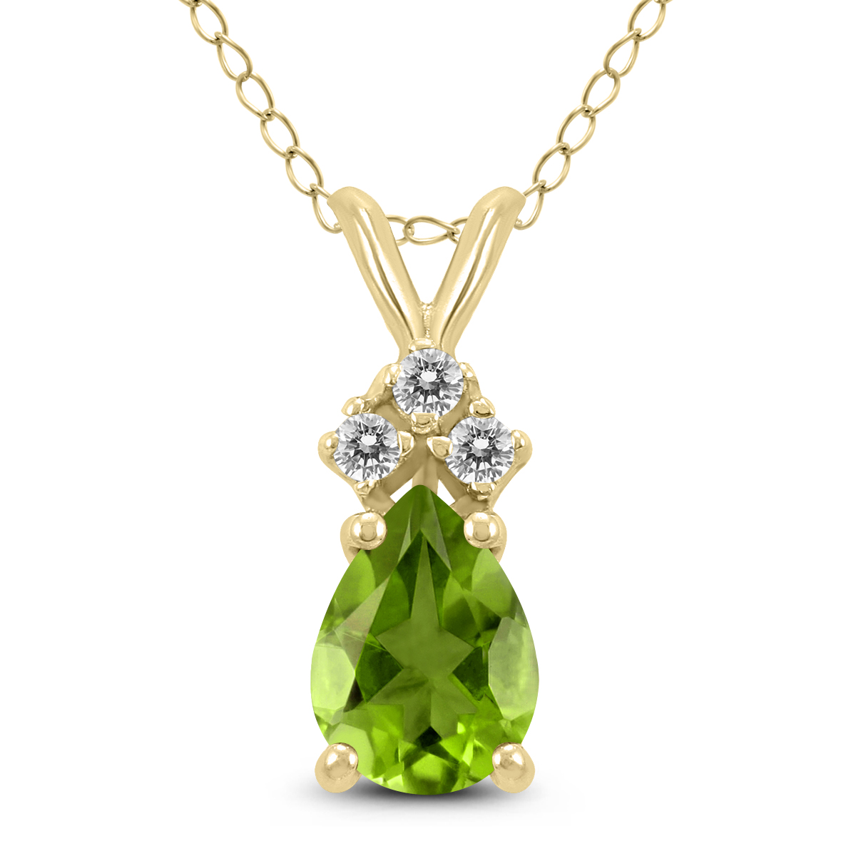 14K Yellow Gold 7x5MM Pear Peridot and Three Stone Diamond Pendant